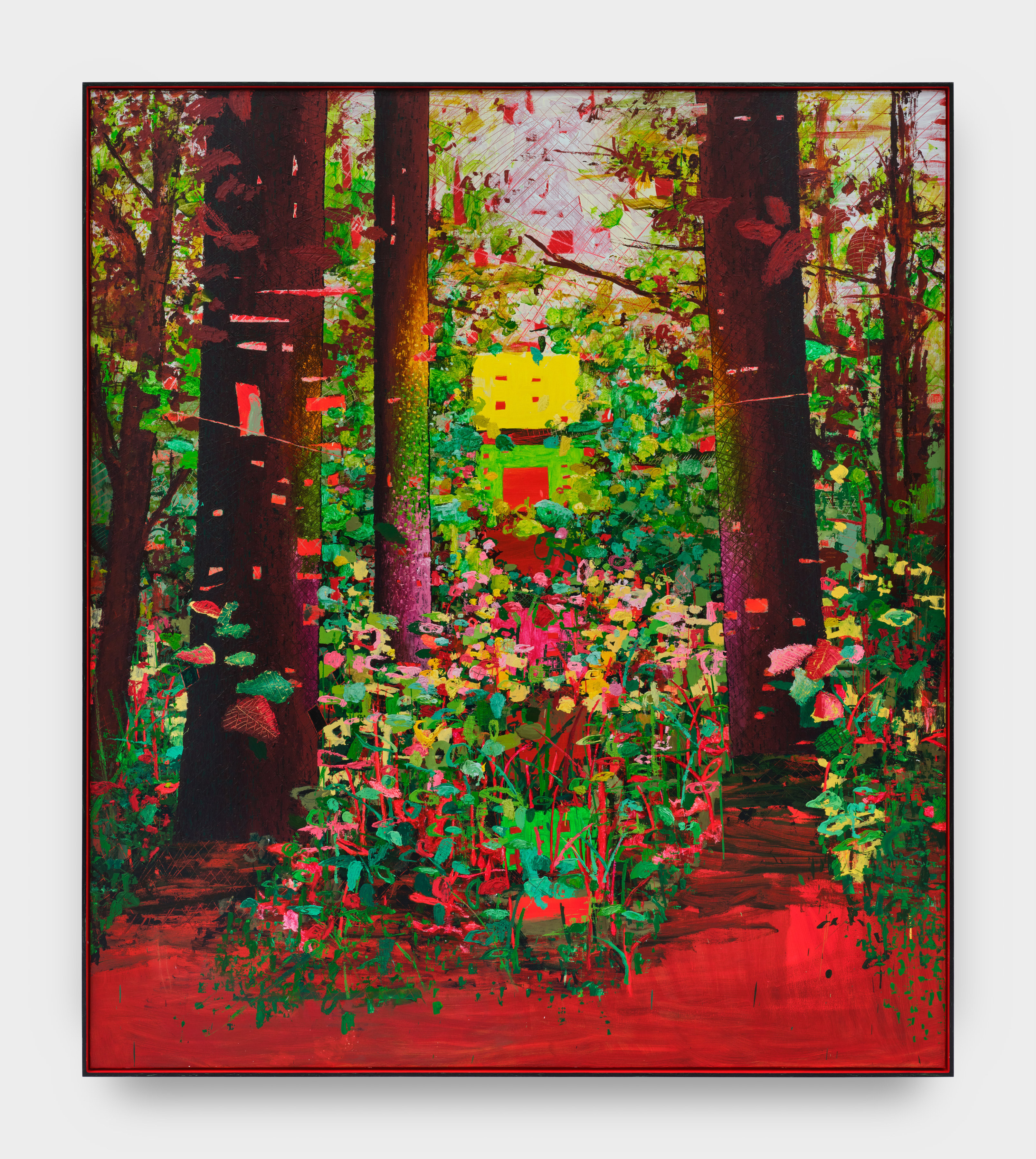 Forest scene is depicted in colors of red, green, yellow, coral, and pink. Multicolored foliage cover the middle of the forest floor while dark brown trunks rest at the sides of the canvas. The foreground of the canvas is colored red with  quick black brush strokes.