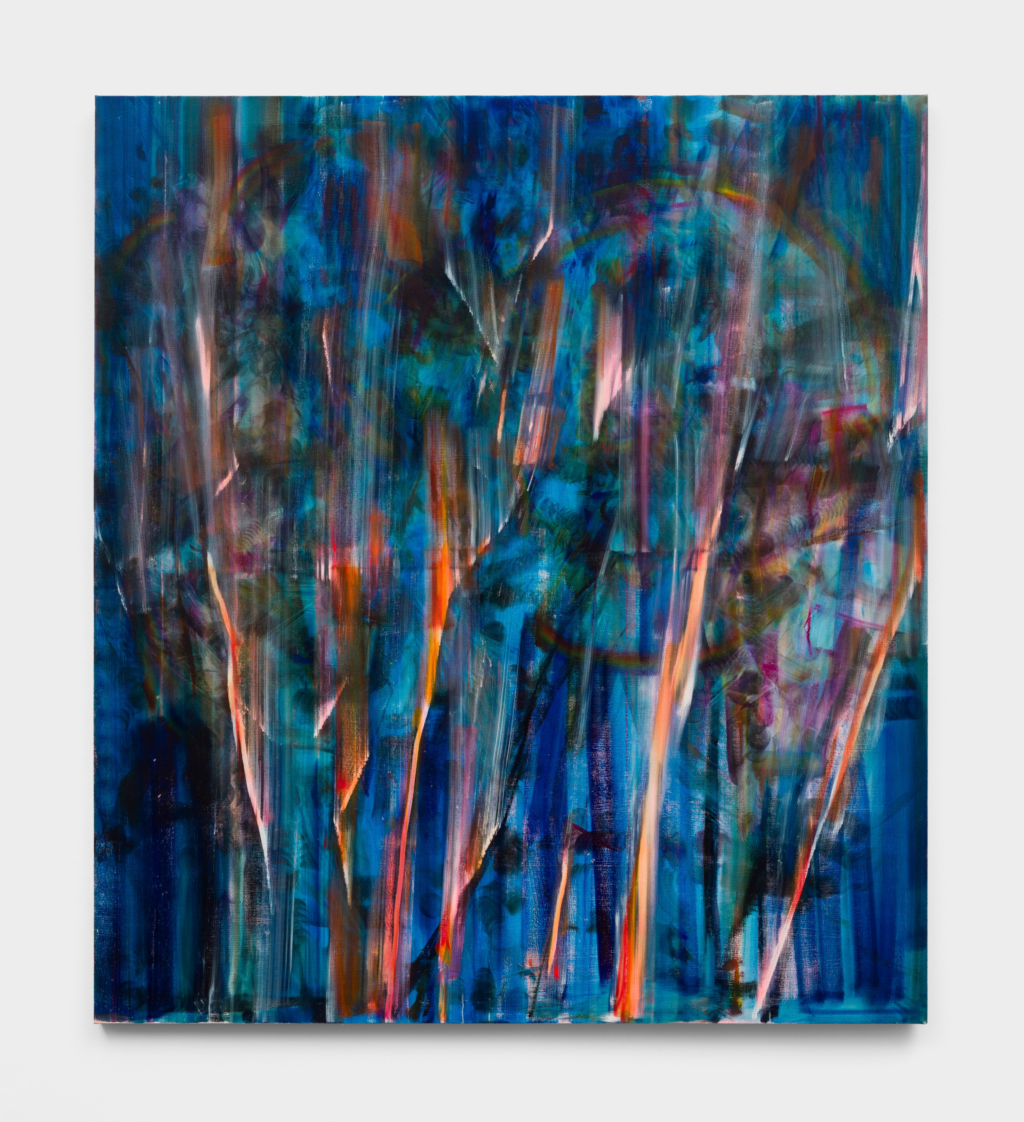 A painting of deep blues with vibrant orange and pink streaks of pigment. 