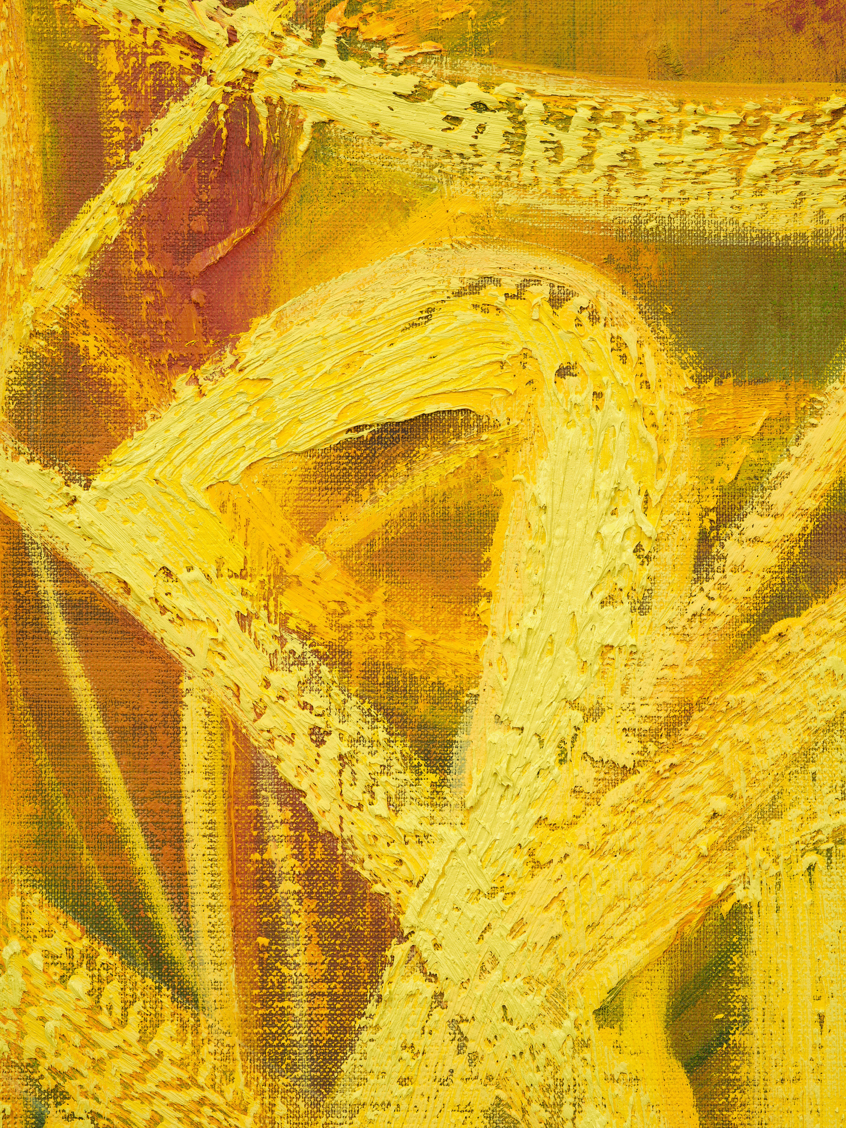 Detail of Nigel Cooke's "Canis". An abstract painting made with vibrant yellow lines on top of subdued reds and oranges.