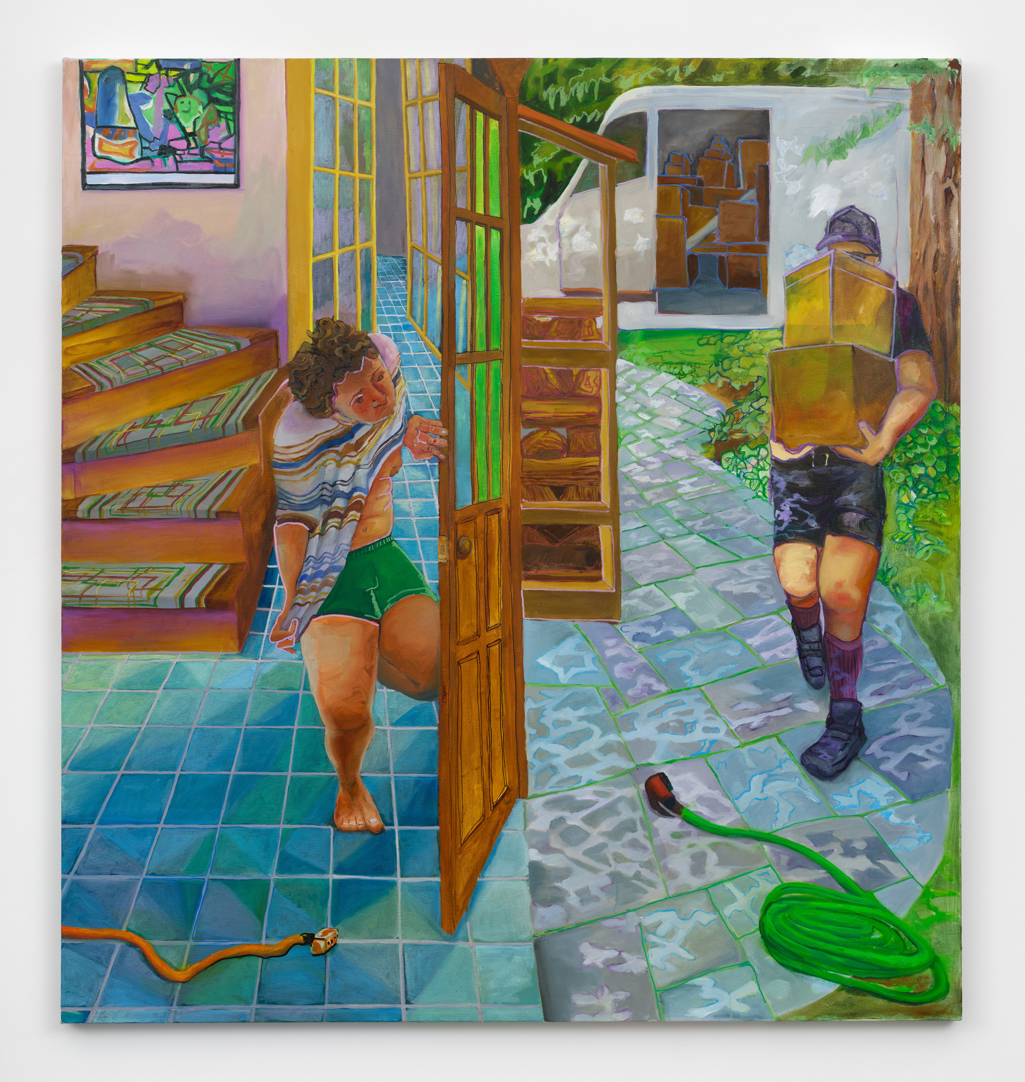 A painting of a male figure opening the door of his house for a delivery of boxes being carried in by a delivery person.