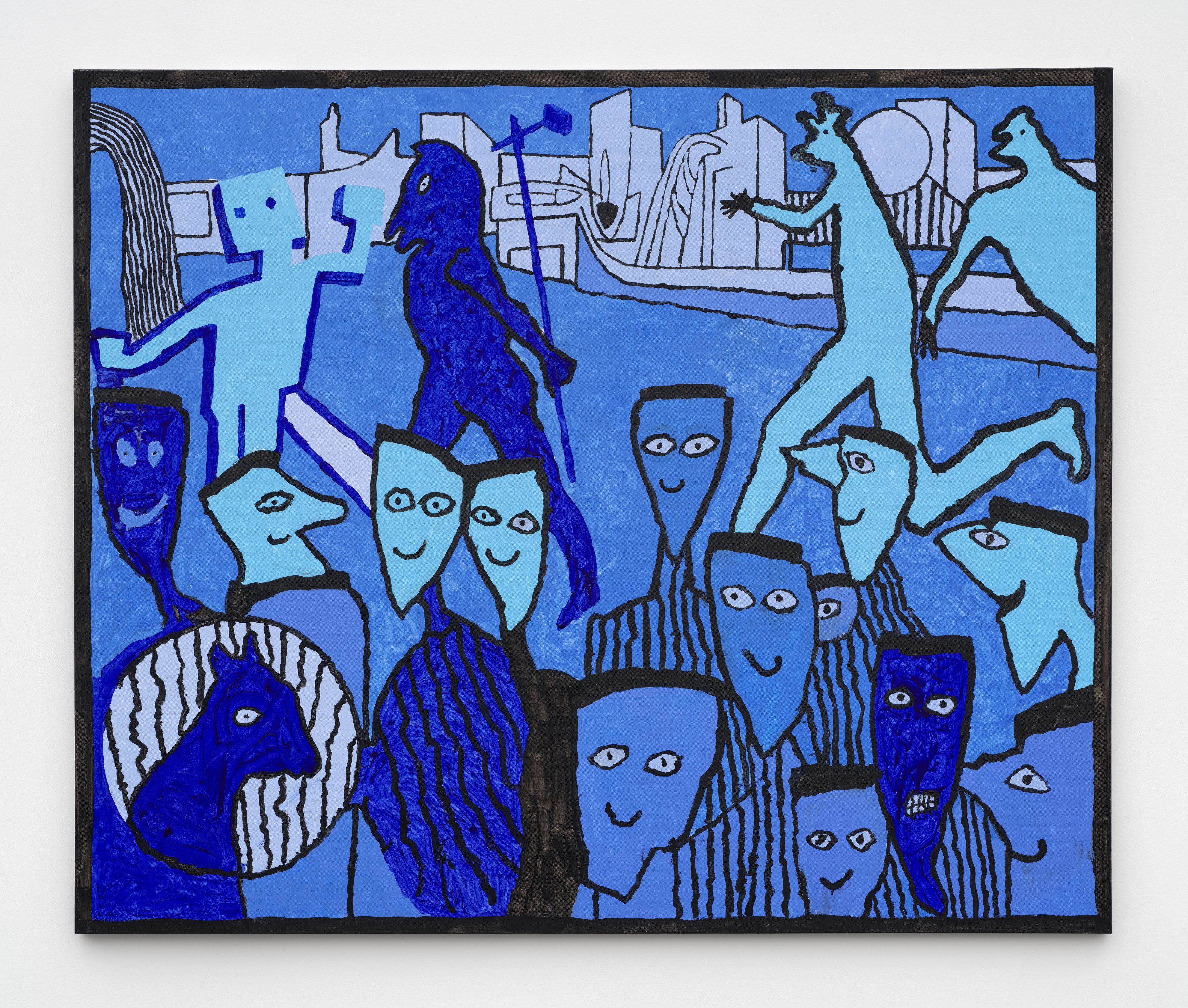 A painting of blue people with wide eyes in a city scape with anthropomorphic figures running behind them.