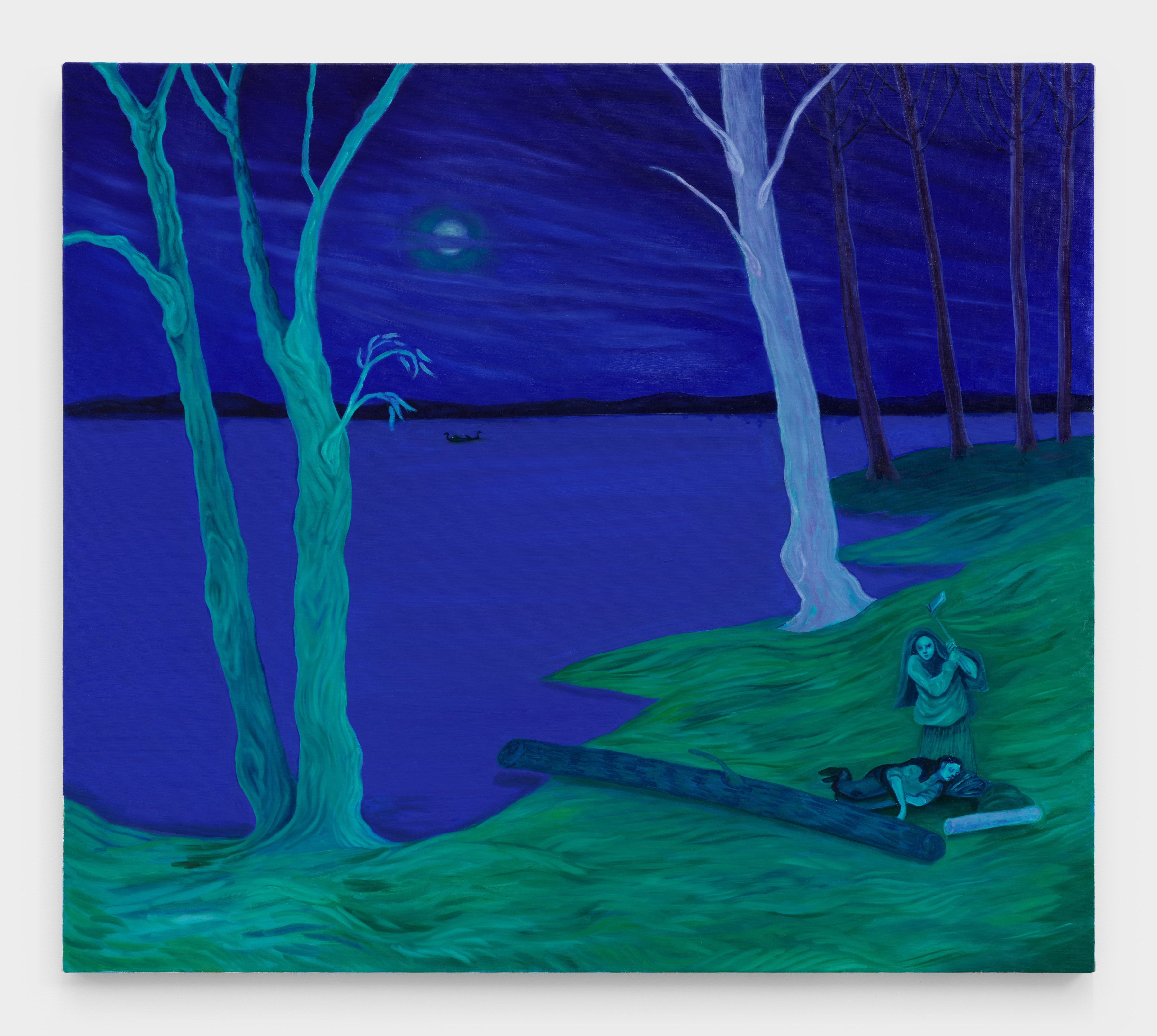 Bambou Gili's artwork "Goya's Ghost". A woman in the woods by a lake looks at the viewer as she prepares to swing an axe on a sleeping man. 30 x 34 in (76.2 x 86.4 cm), oil on linen, 2023