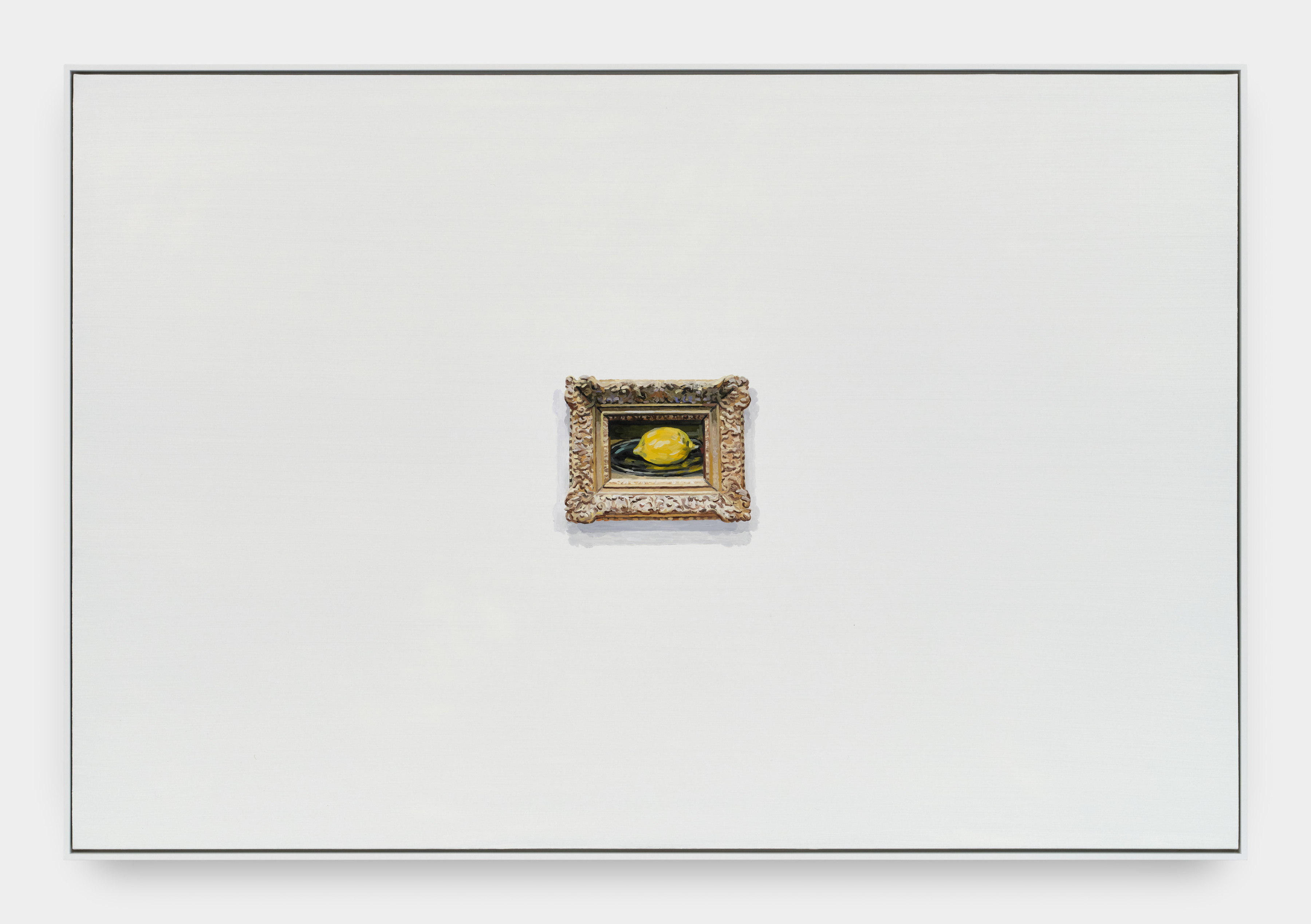 A painting of a white wall with a recreation of Édouard Manet's "Le Citron" in a gilded frame in the center.