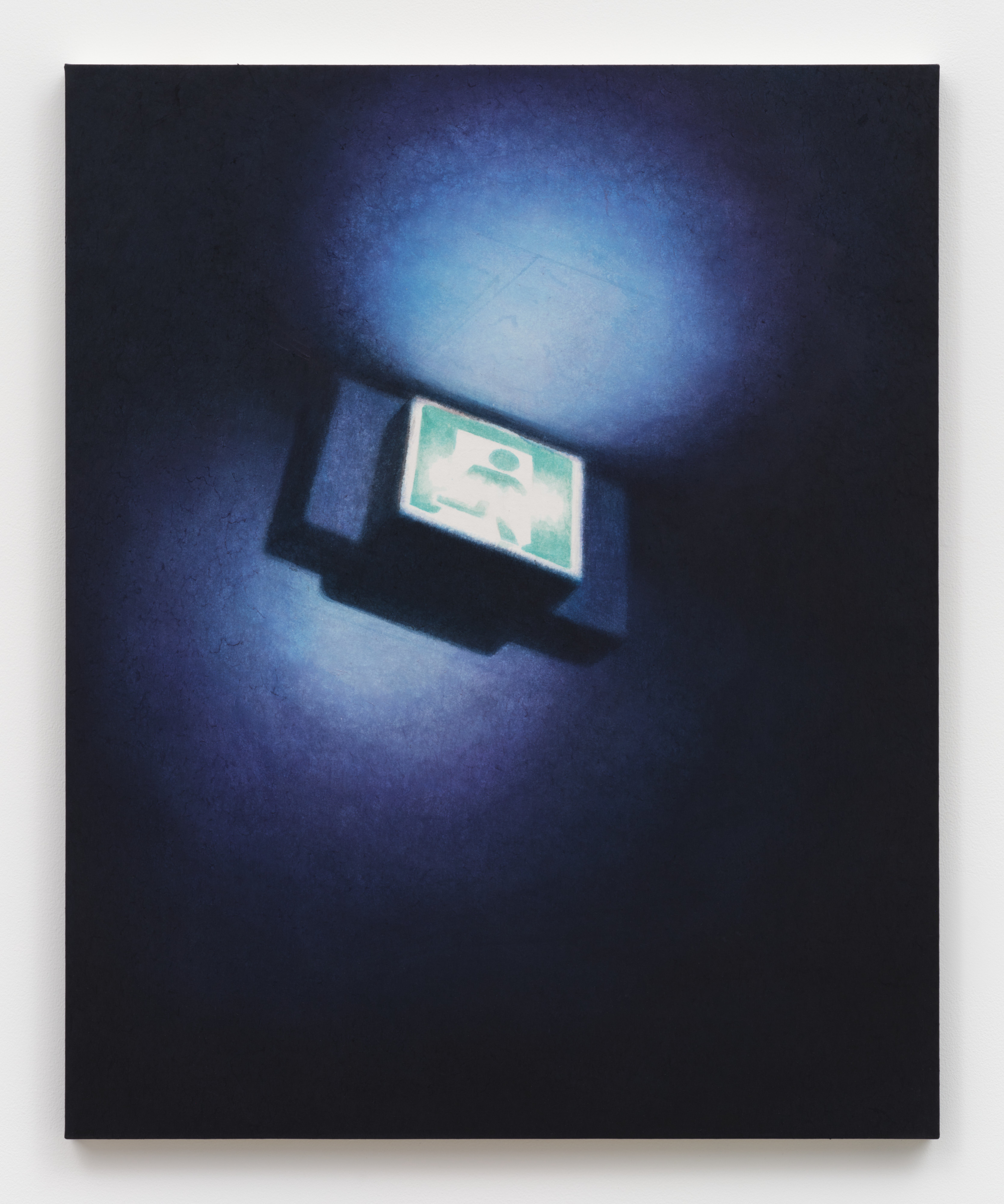 A painting of a green ceiling mounted pictograph exit sign exuding blue light. 