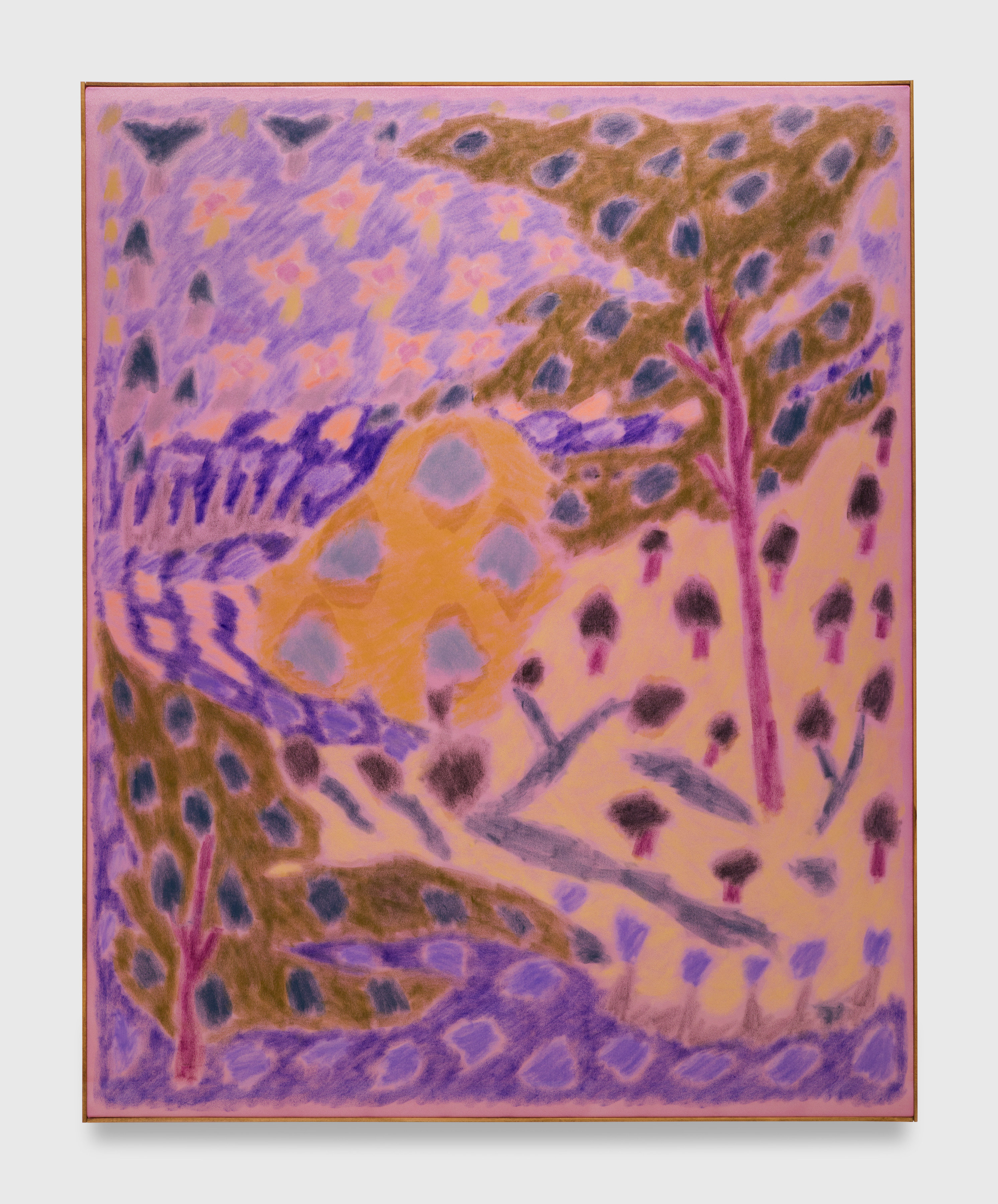 A painting by Larissa Lockshin of trees and flowers in orange and purple hues.