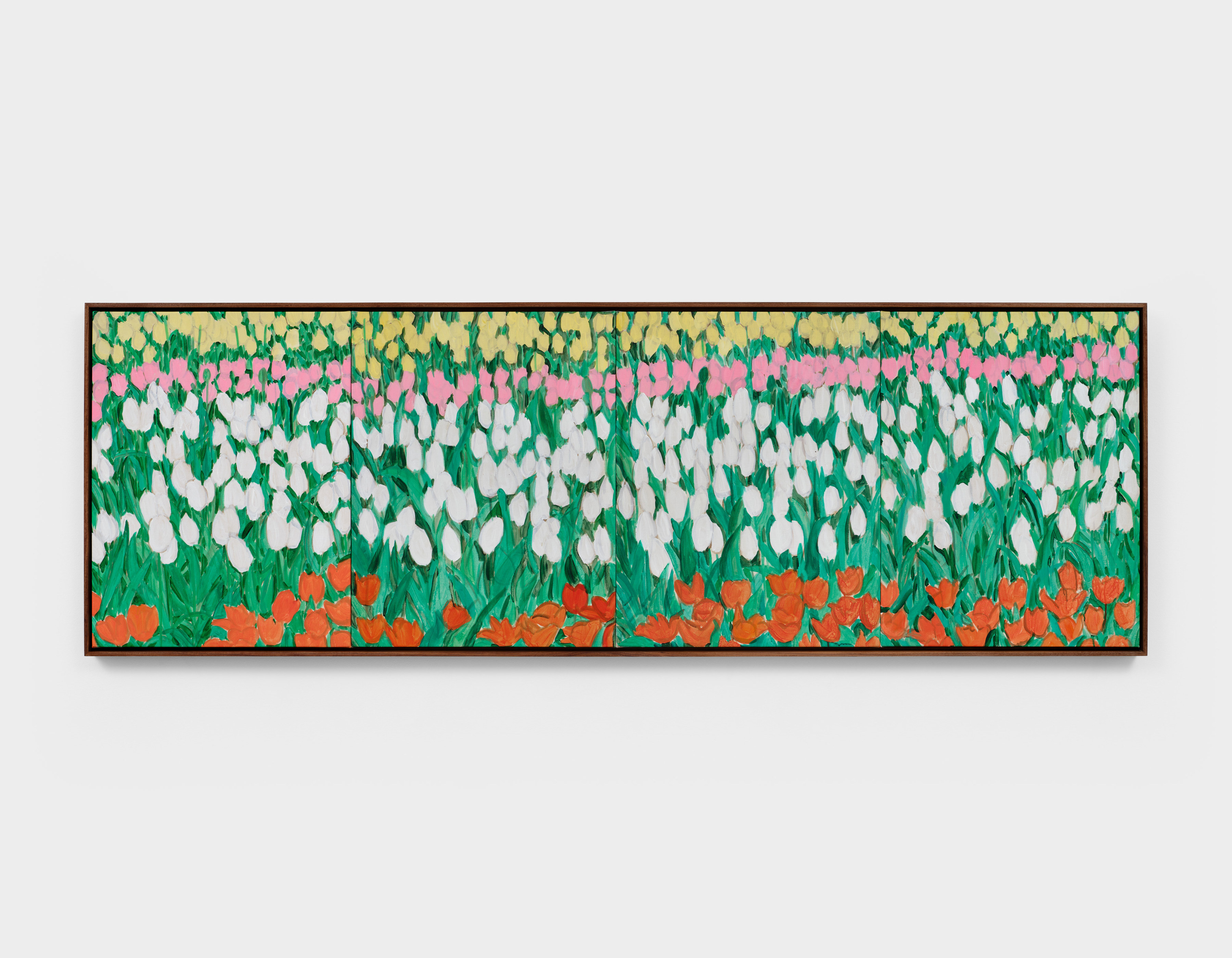 A painting by Claire Milbrath of a field of pink, white, red and yellow tulips.
