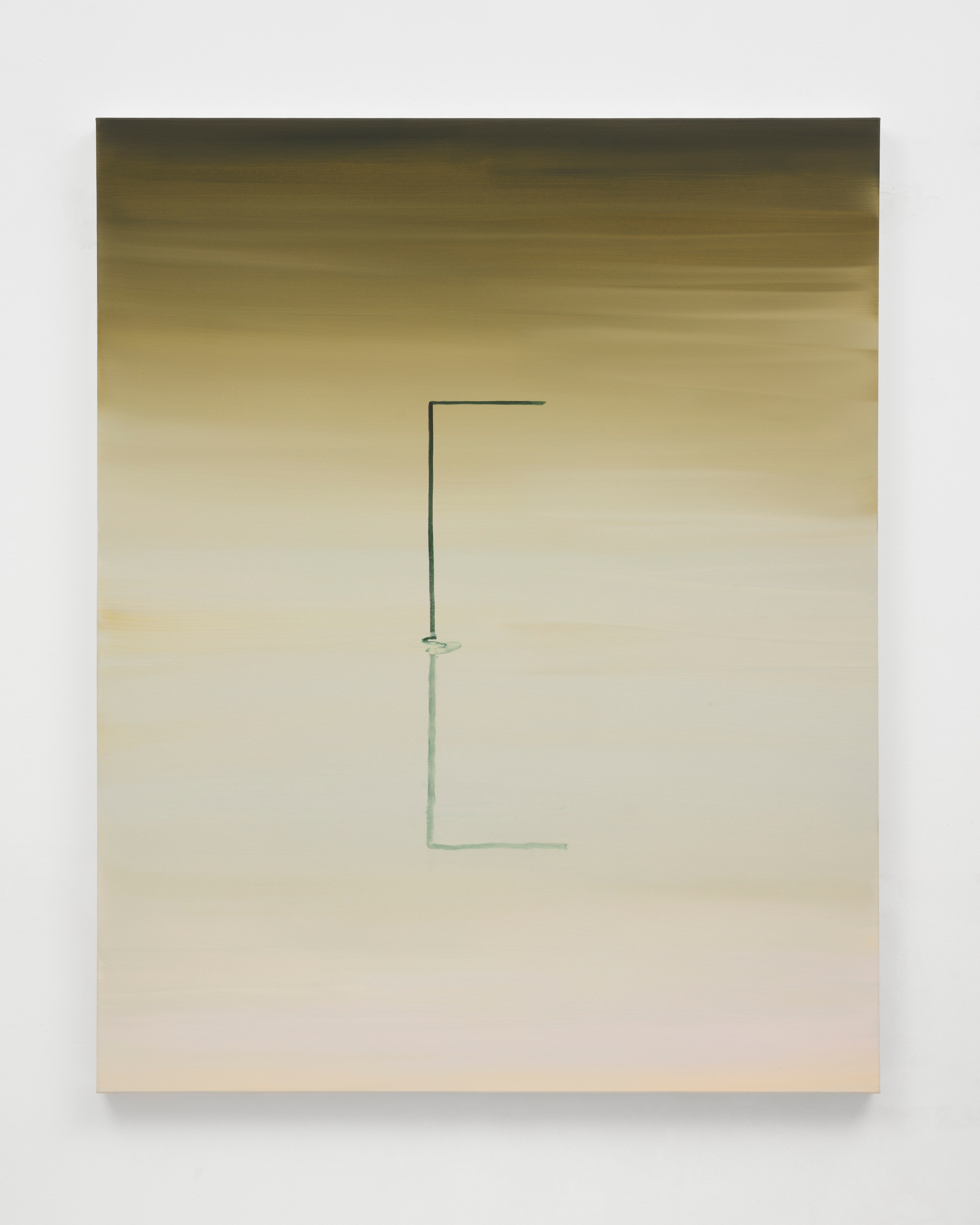 A painting by Wanda Koop of a  reed sticking out of a mirrored gradient green body of water. 