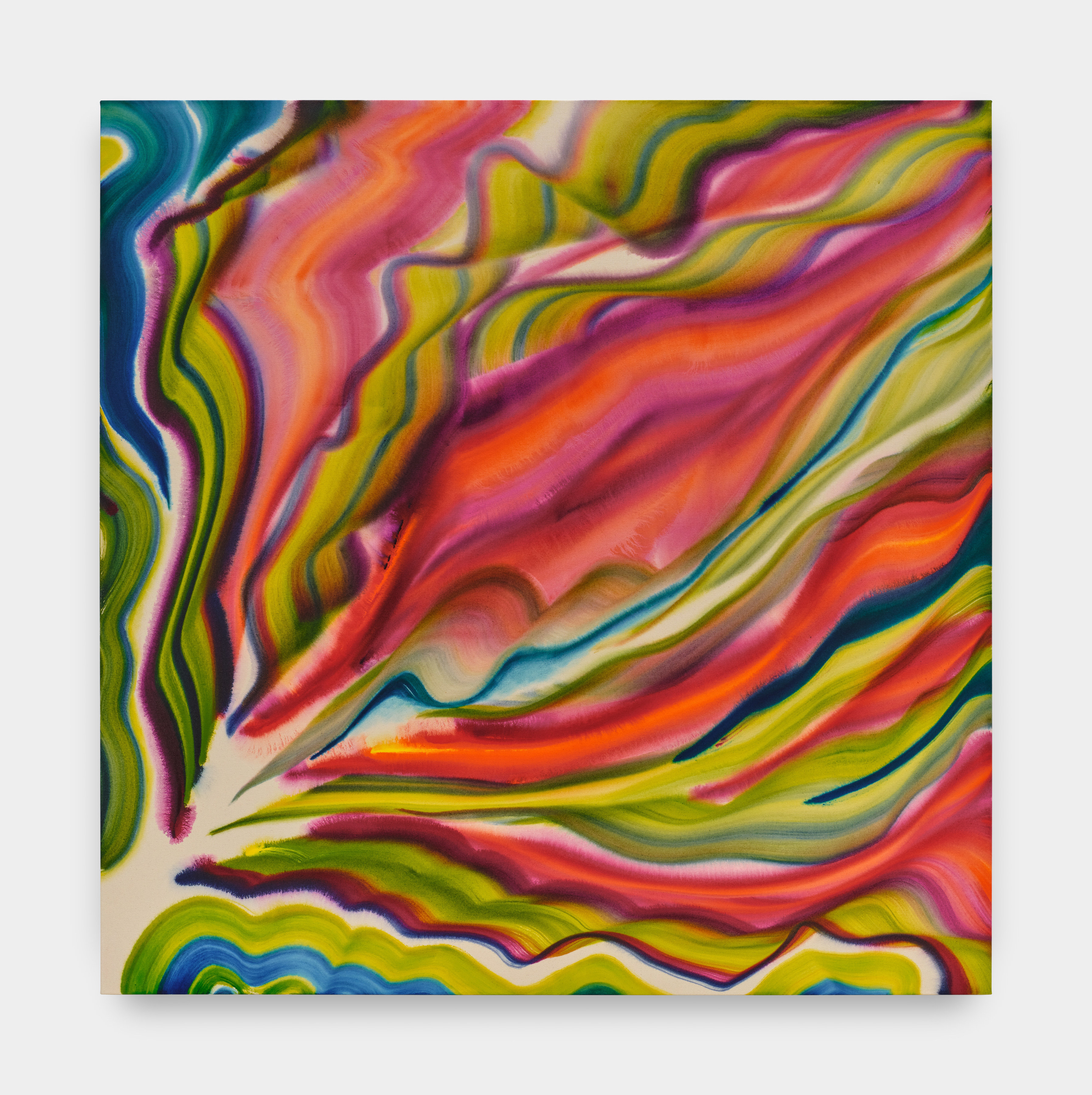 An abstract painting of fuchsia, green, blue and purple waves of color billowing toward the top right corner of the canvas. 