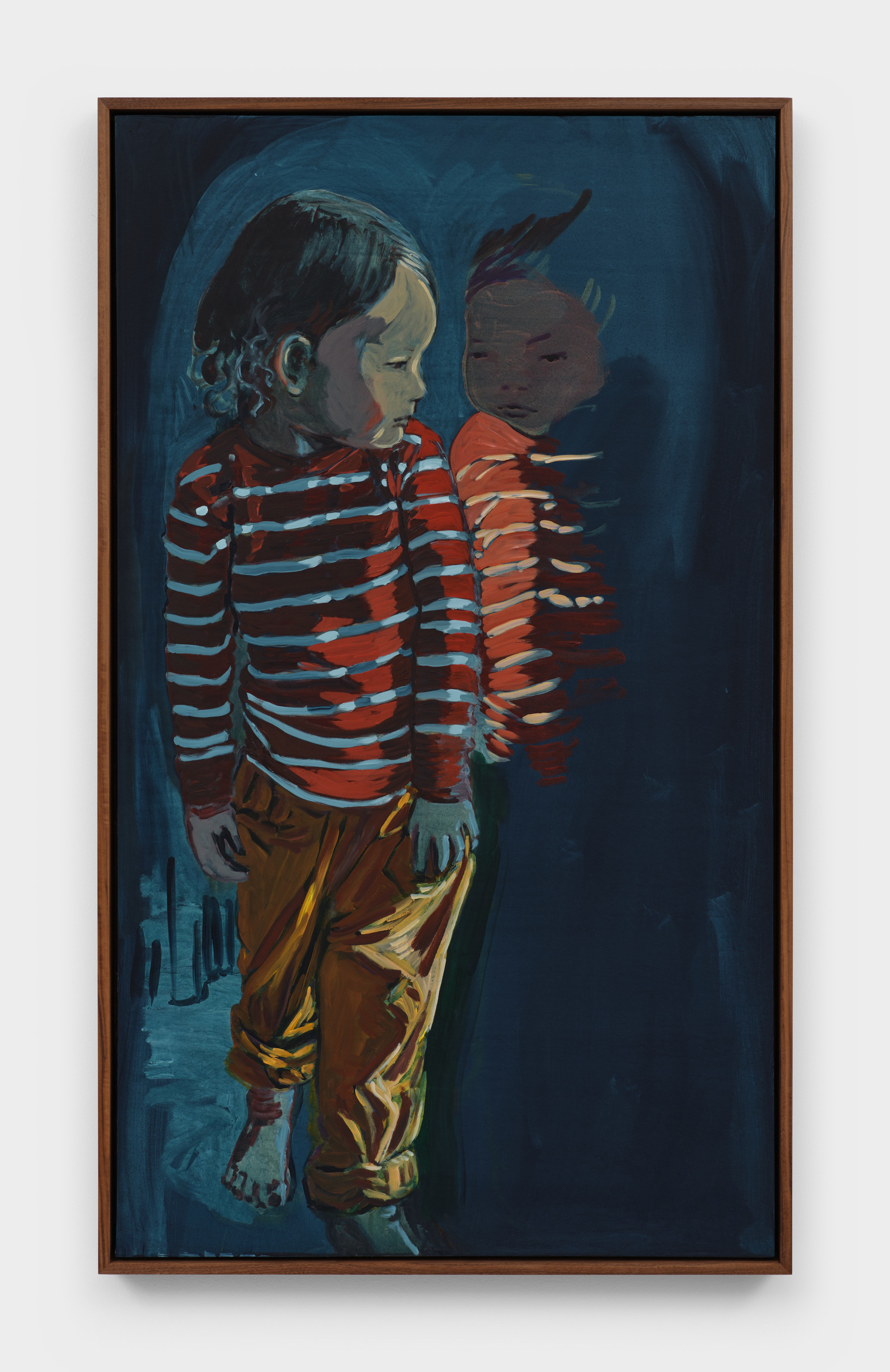 A painting of a child in a white and red striped shirt looking at a partial reflection in a deep blue background.