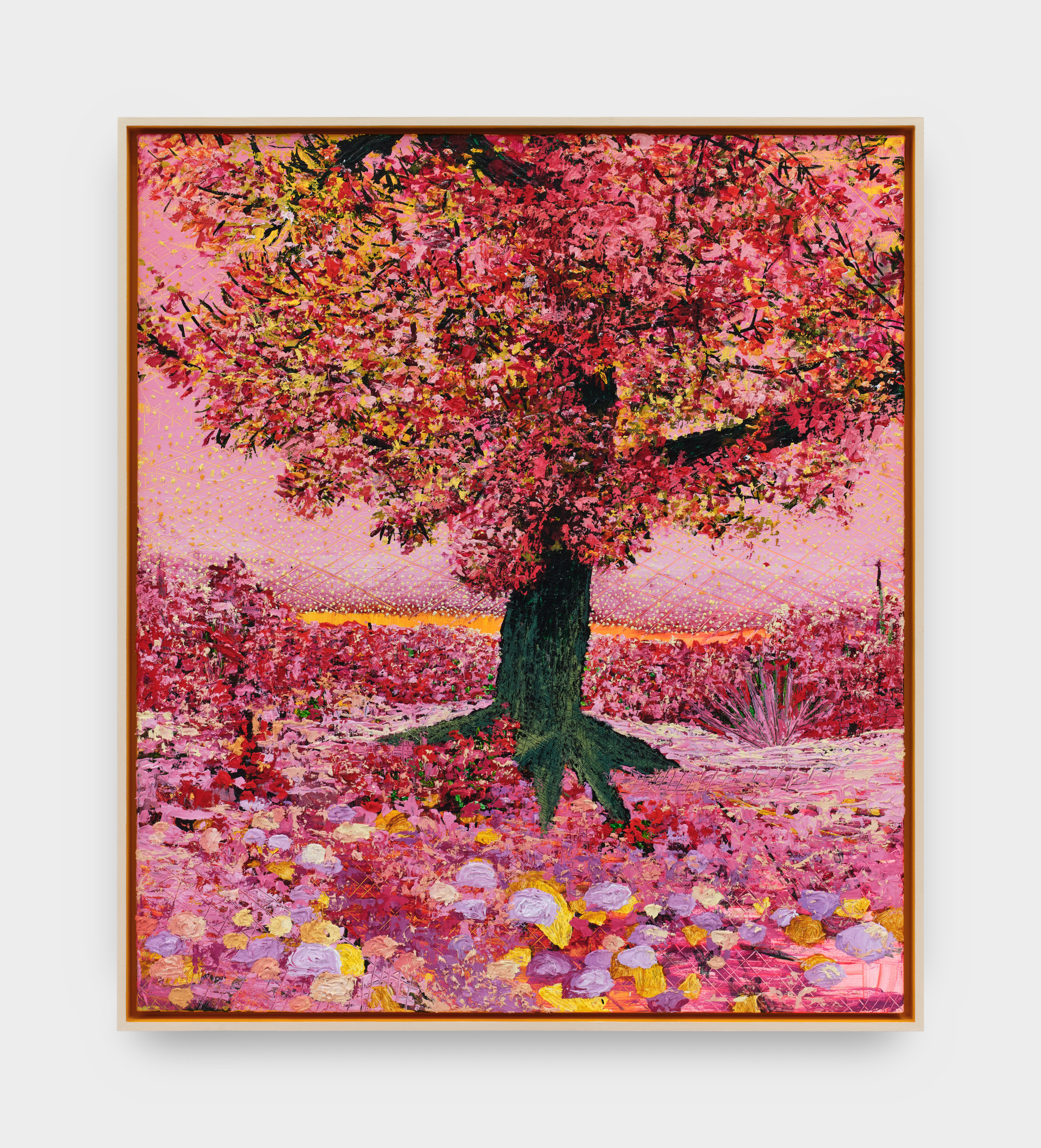This piece consists of vivid reds, yellow, and multiple shades of pink. Together, the pigments illustrate a scene of a tree with a dark gray trunk at the center of canvas. A hill in the background and colorful fallen leaves at the foreground. 