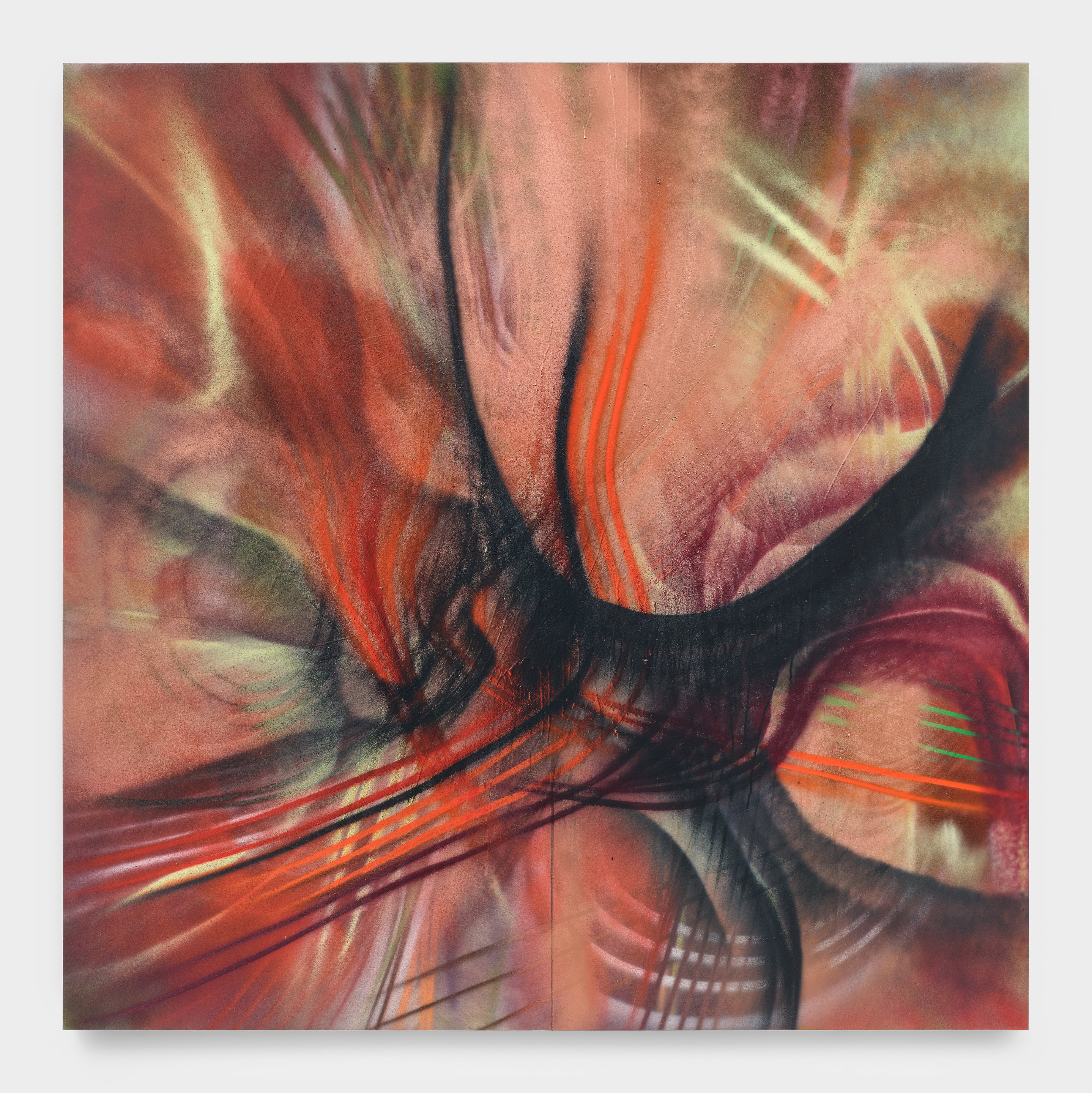 An abstract painting of mauve, orange, gold and black lines of spray paint overlapping.