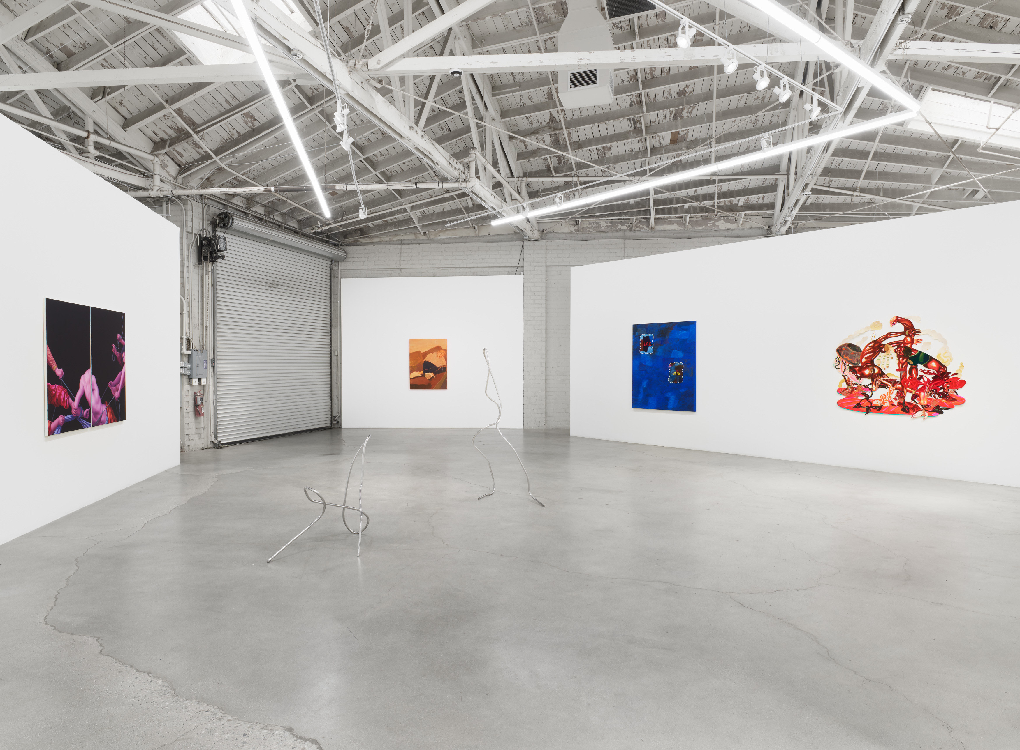 Installation view of Majeure Force, Part Two, featuring works by Jesse Mockrin, Josh Callaghan, Claire Tabouret, Marisa Takal, and Khari Johnson-Ricks. 