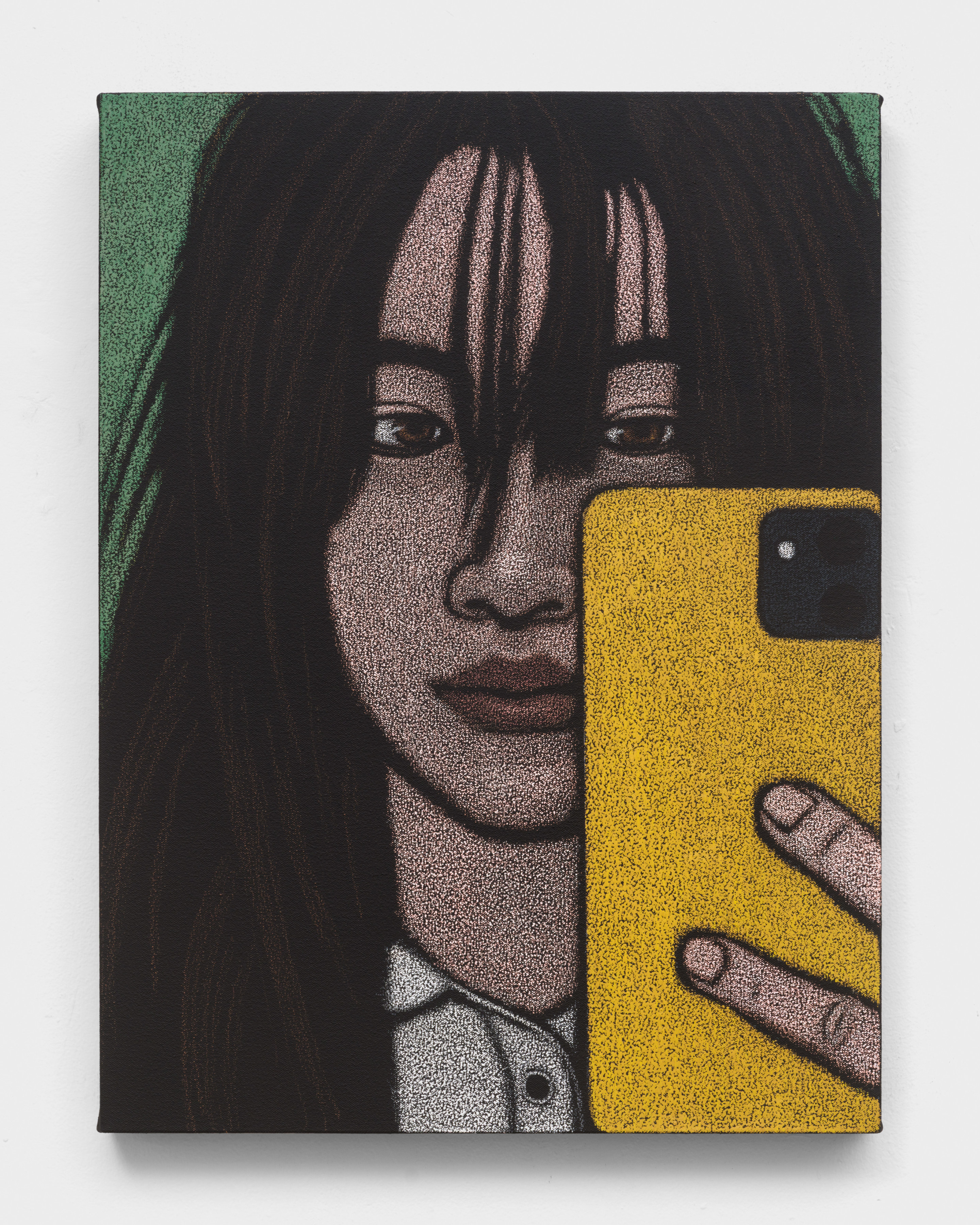 An oil pastel painting of a woman taking a selfie in the mirror with a smartphone.