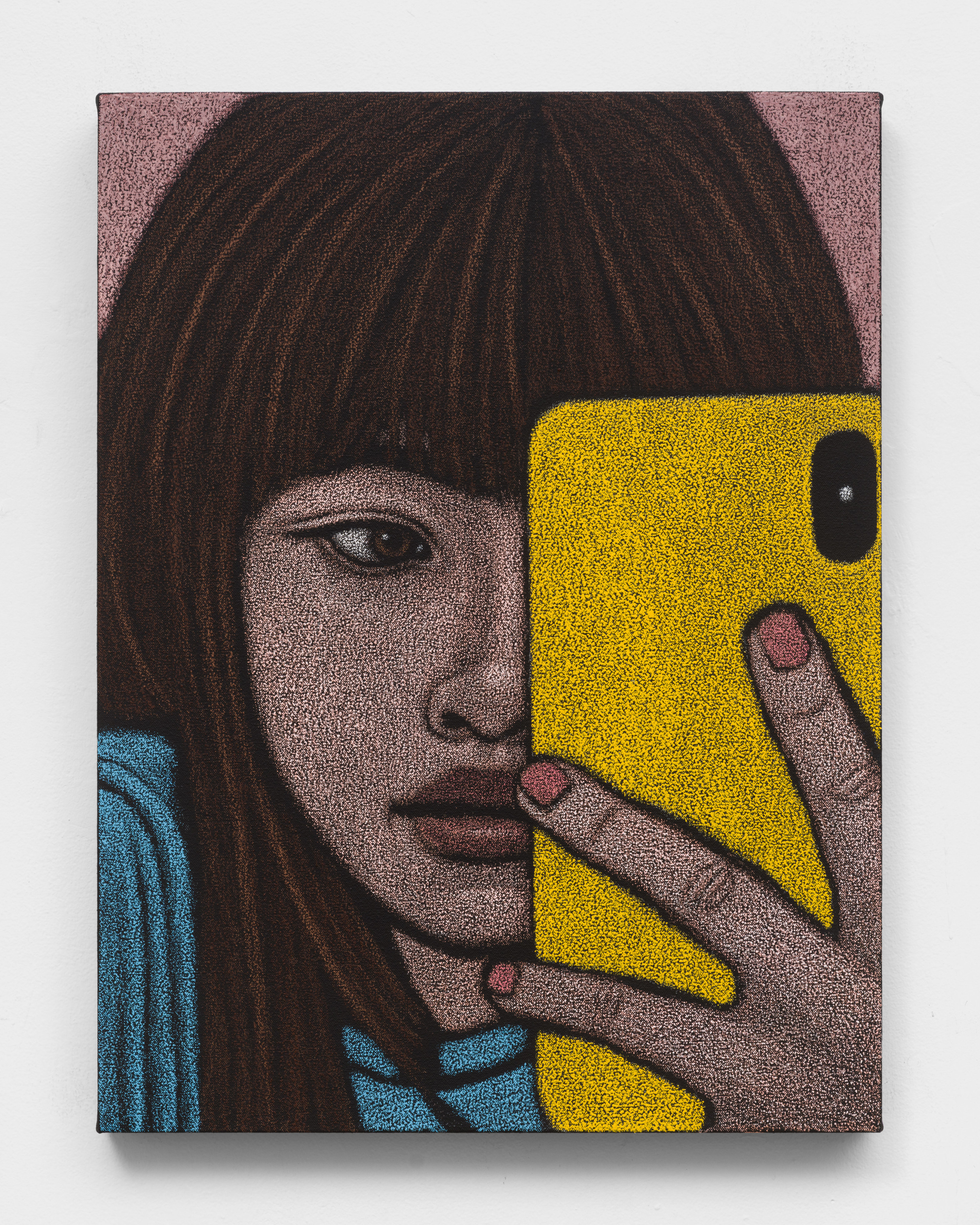 An oil pastel painting of a woman taking a selfie in the mirror with a smartphone.