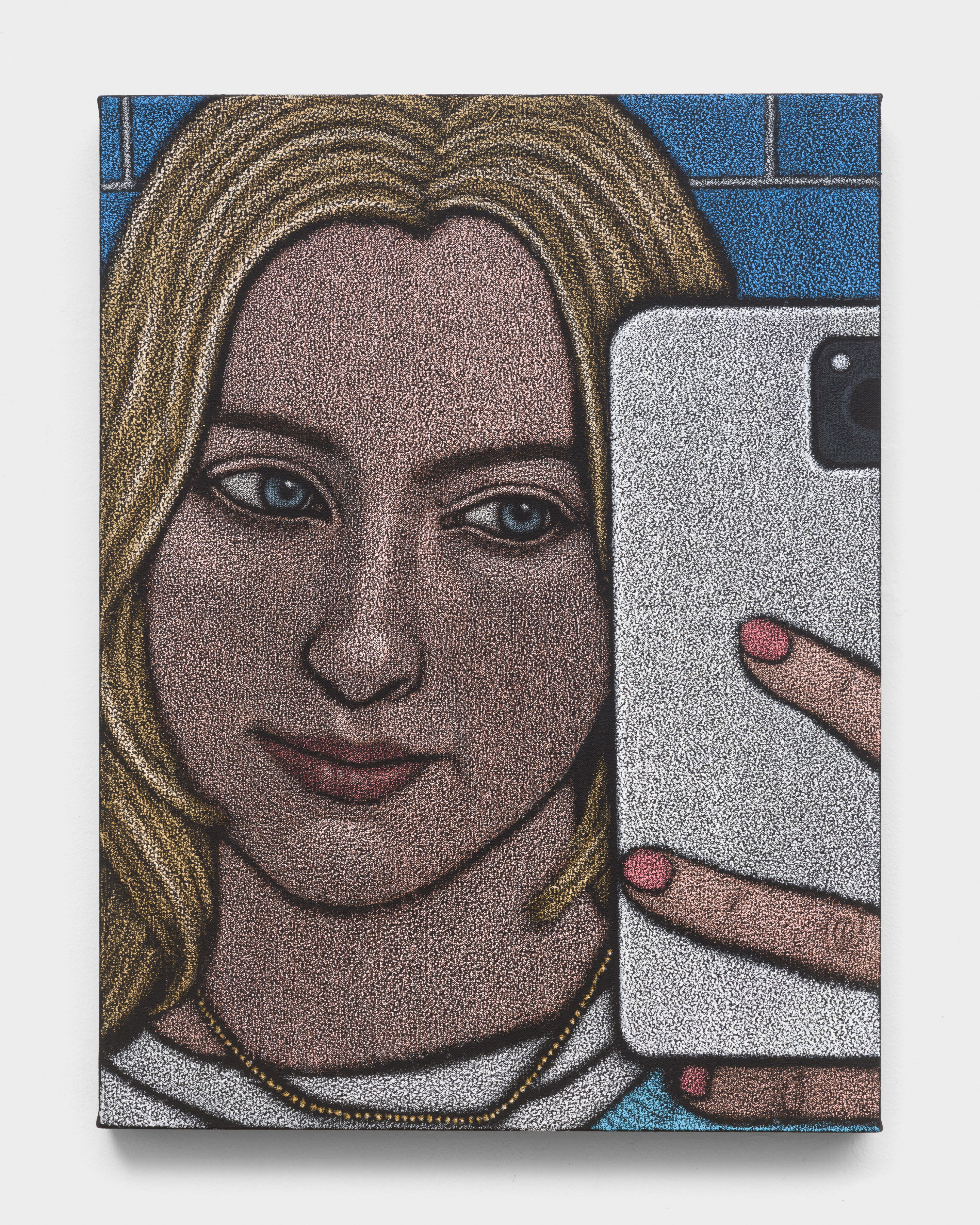 An oil pastel painting of a woman taking a selfie in the mirror with a smartphone.