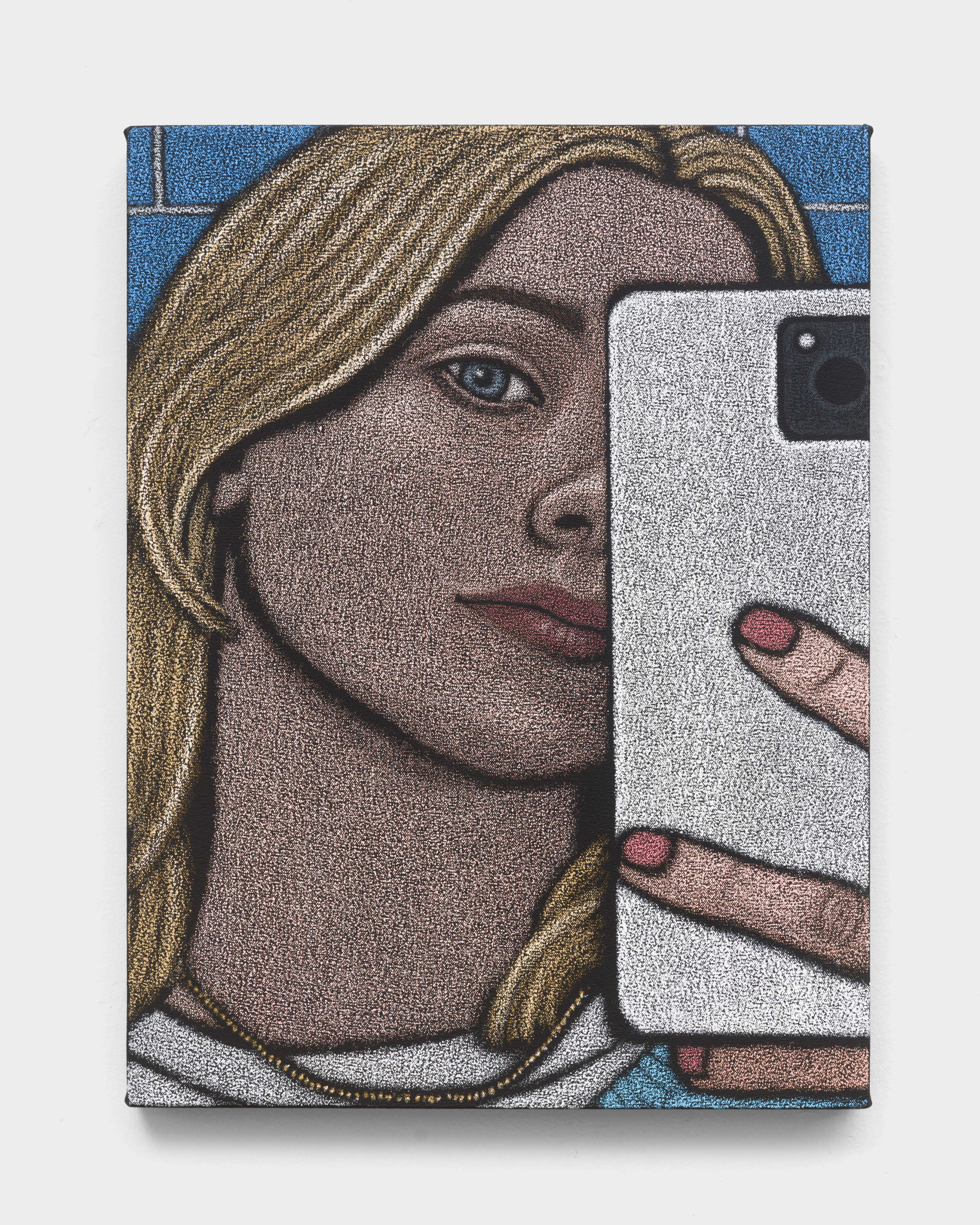An oil pastel painting of a woman taking a selfie in the mirror with a smartphone.