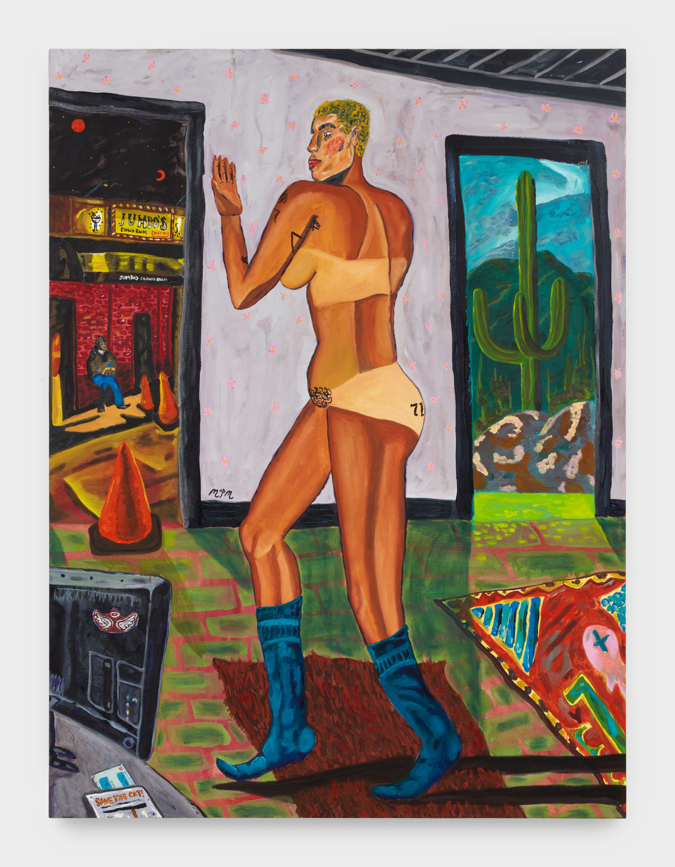 Marcel Alcalá's artwork "Duality of Story". A figure wearing nothing but blue socks looks at their hand while standing in front of two open doors one leading to the strip club jumbo's clown room and the other leading to the California wilderness. 72 x 54 in (182.9 x 137.2 cm), oil on canvas, 2023