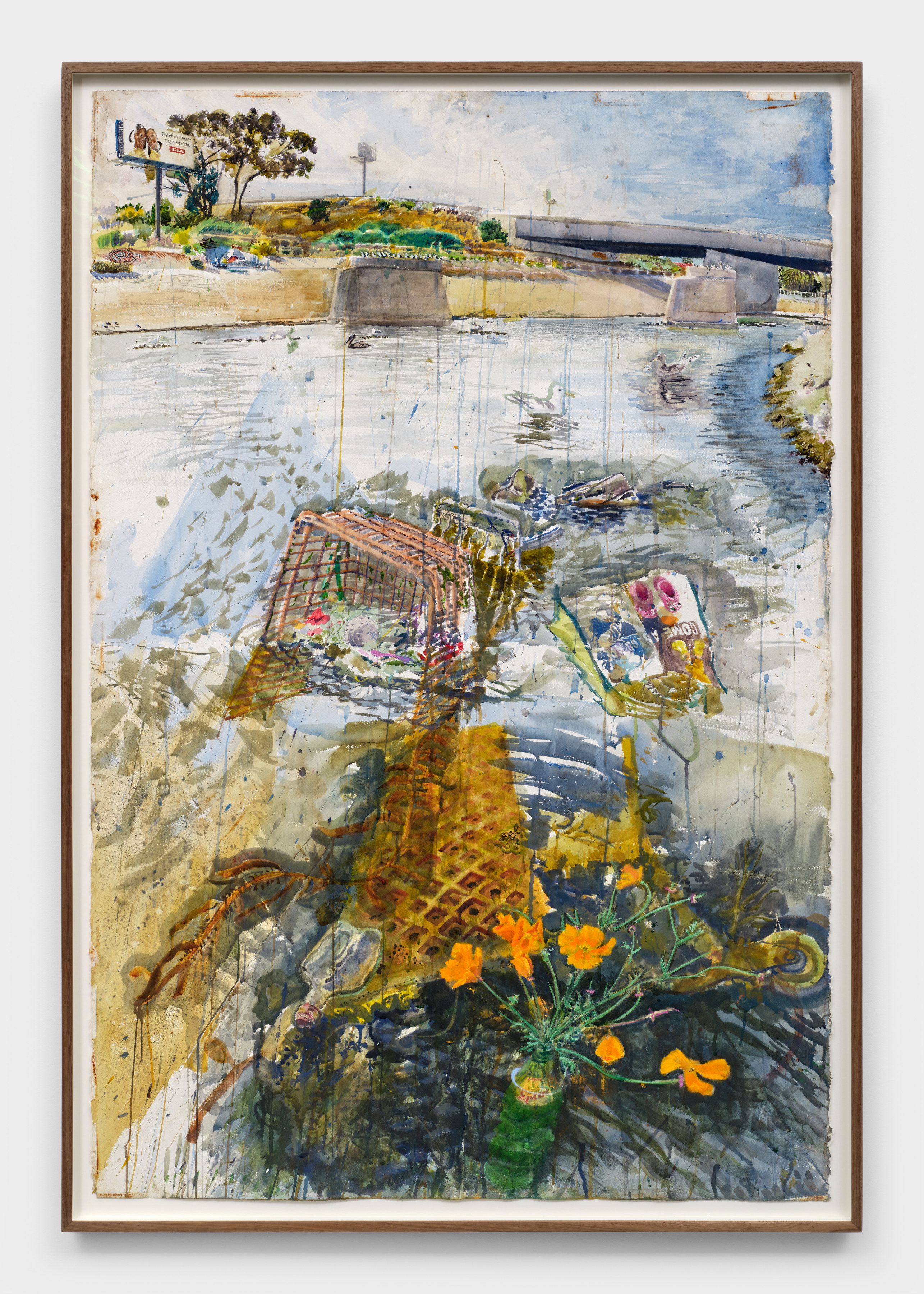 A watercolor painting of a shopping carts, orange poppies and paper garbage floating in the pale blue waters of Ballona Creek with a bridge in the background.