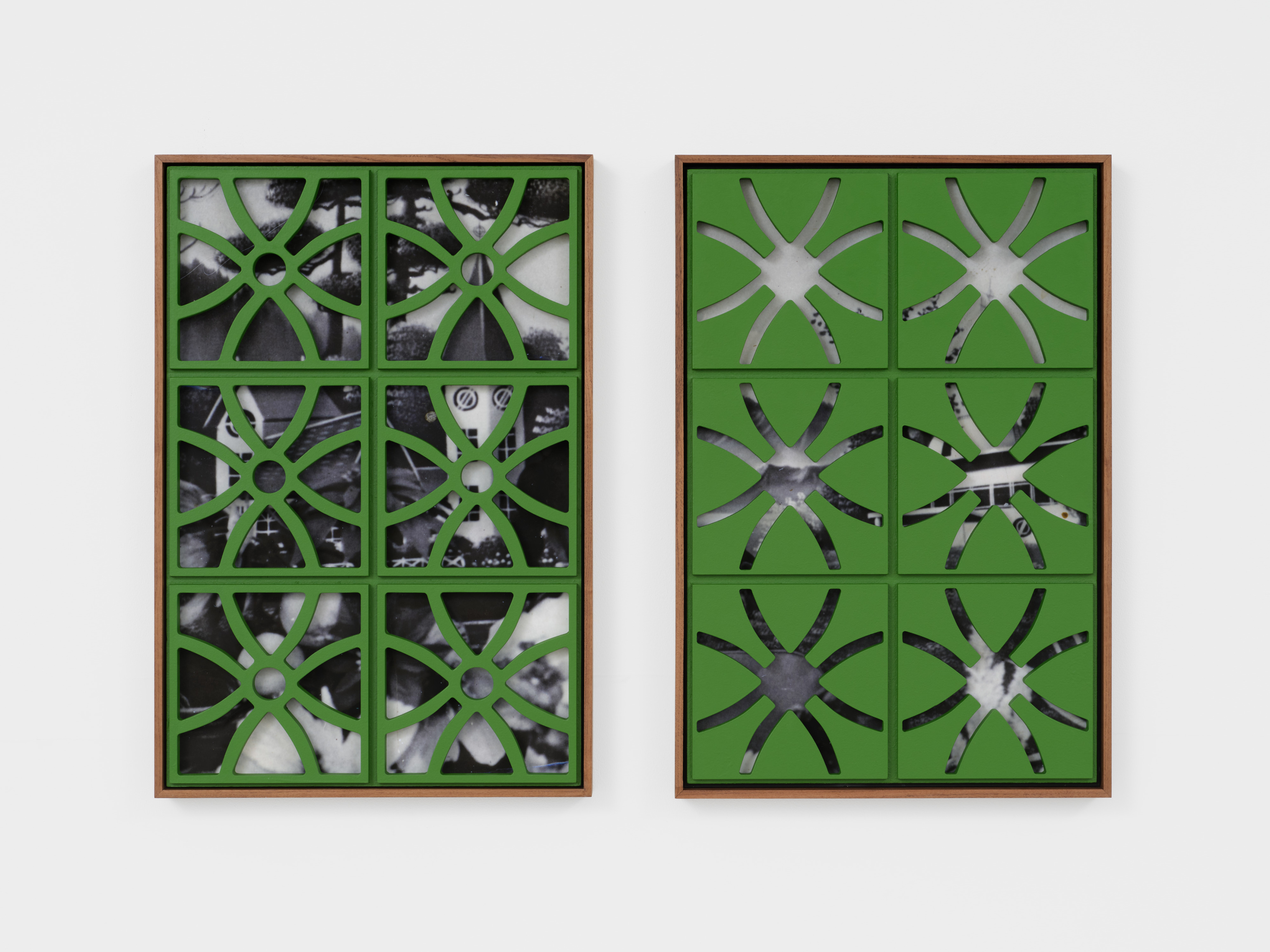 A diptych sculptural photograph with black an white images encased behind a green breeze brick facade.