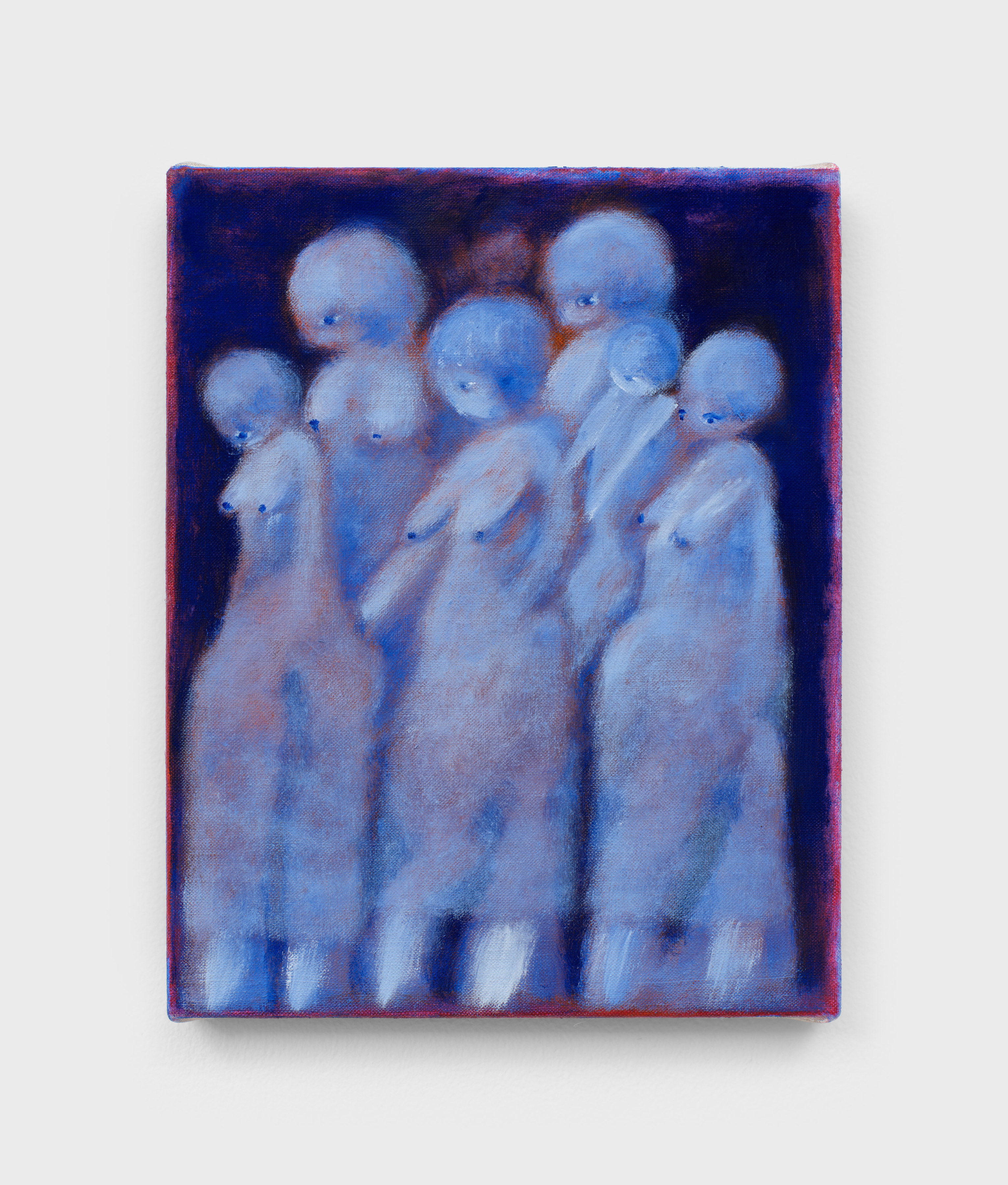 A small painting of six pale blue female figures seemingly walking toward the left side of the canvas against a dark violet background.