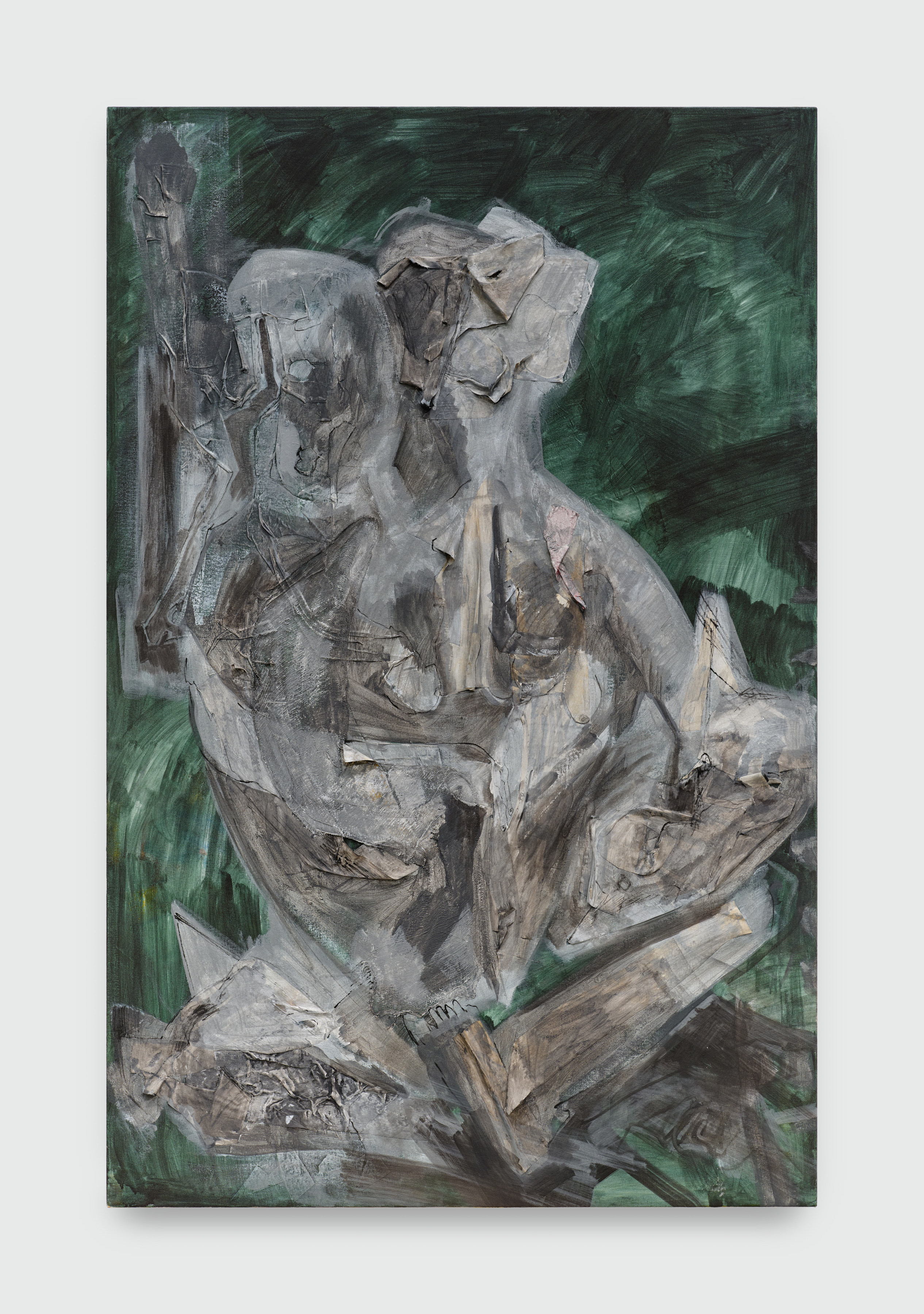 A textured painting of a grey anthropomorphic form against an emerald green back ground. 