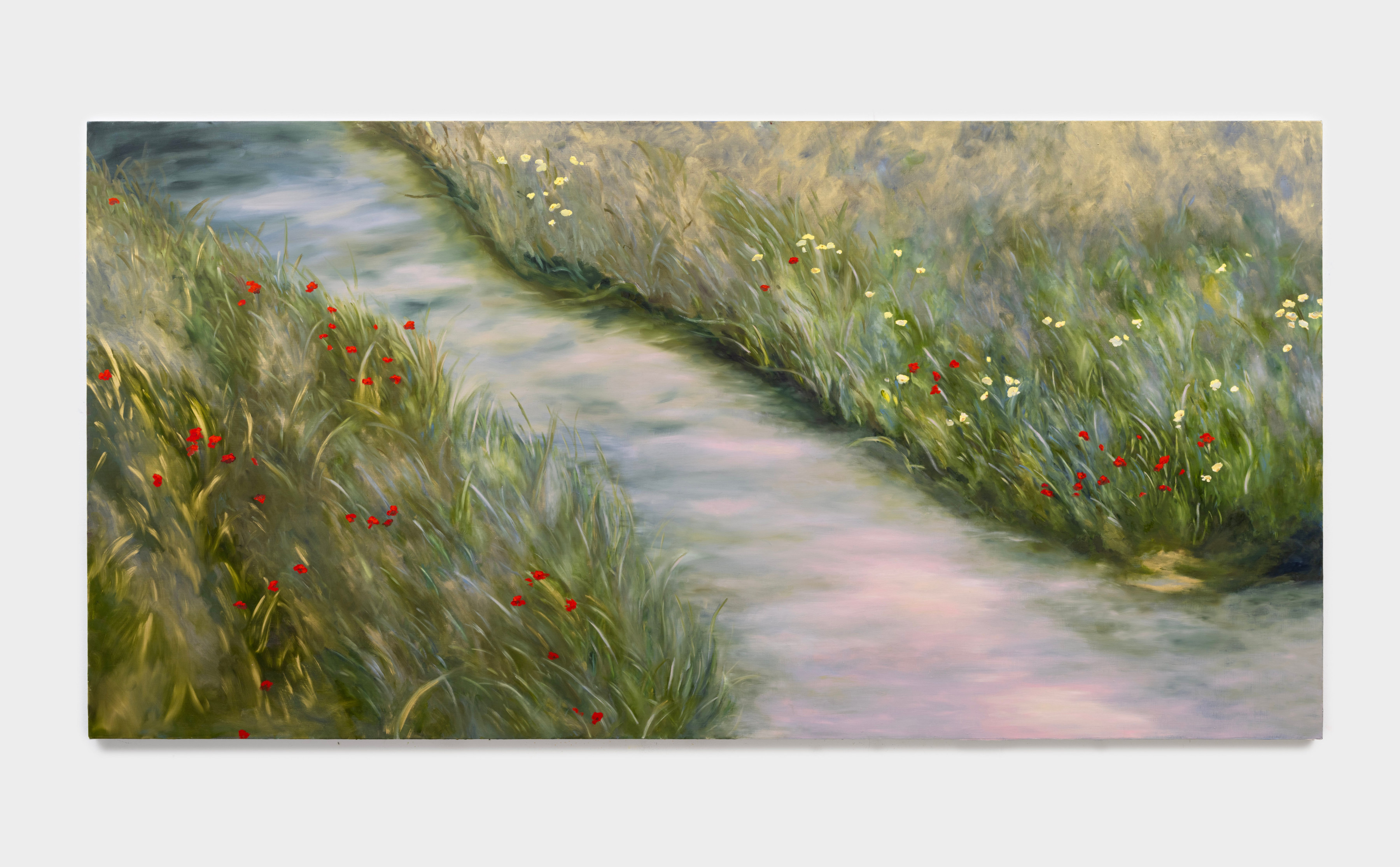A painting of a pale green and lavender tinted stream running between banks of green grass with yellow and red flowers.