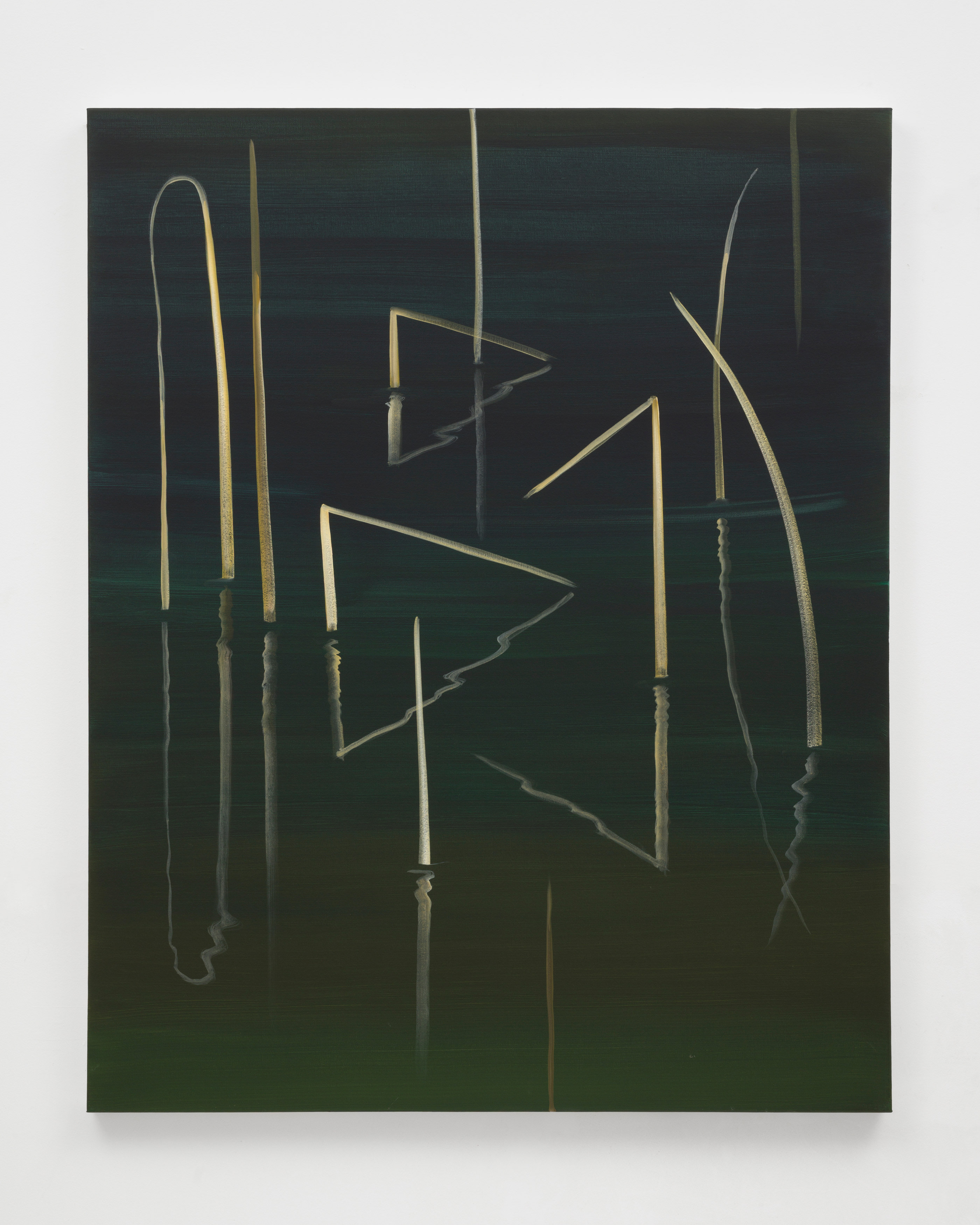 A painting by Wanda Koop of golden reeds sticking out of a mirrored dark green of water. 