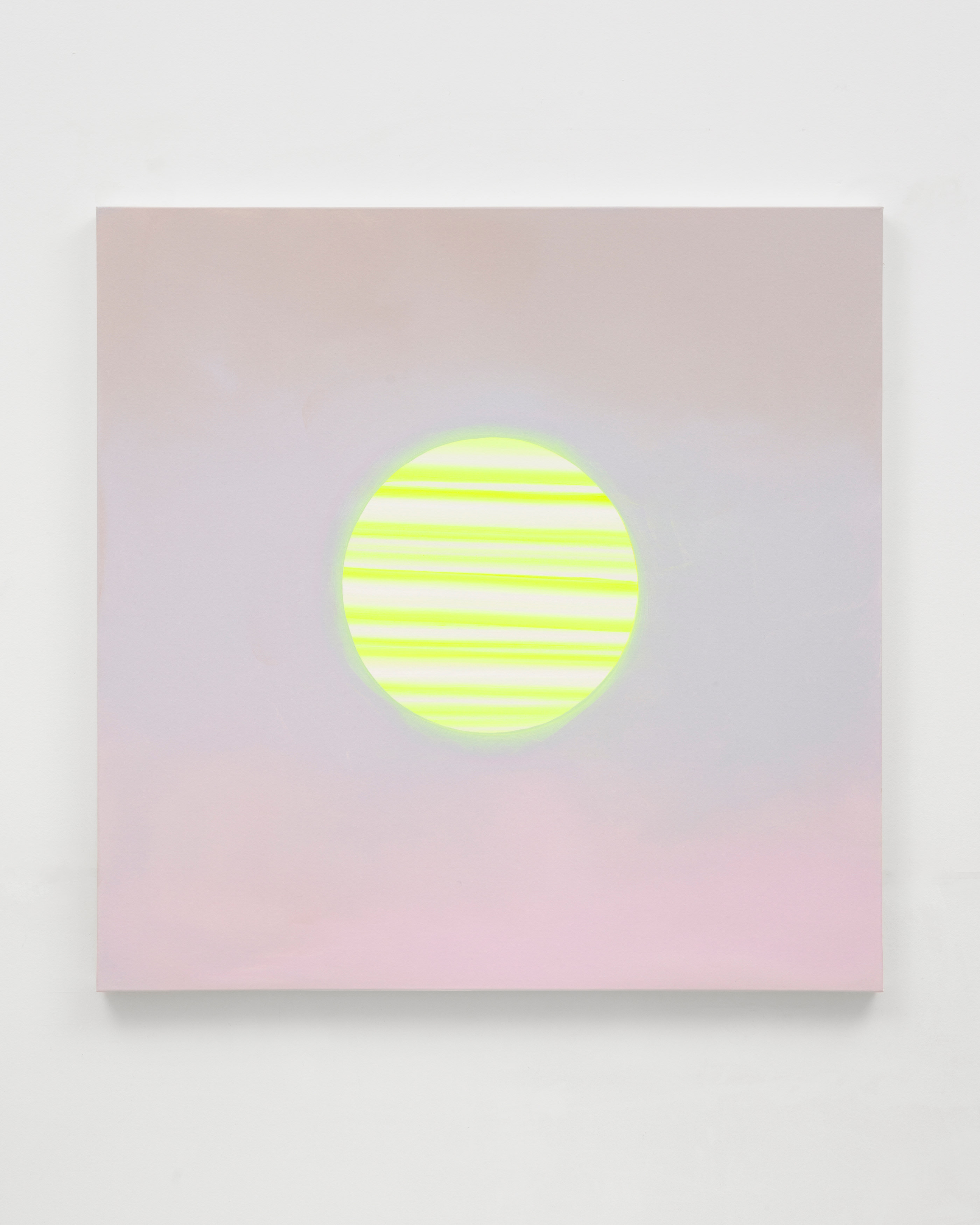 A square painting by Wanda Koop of striped neon yellow and cream moon against a pinky grey sky.