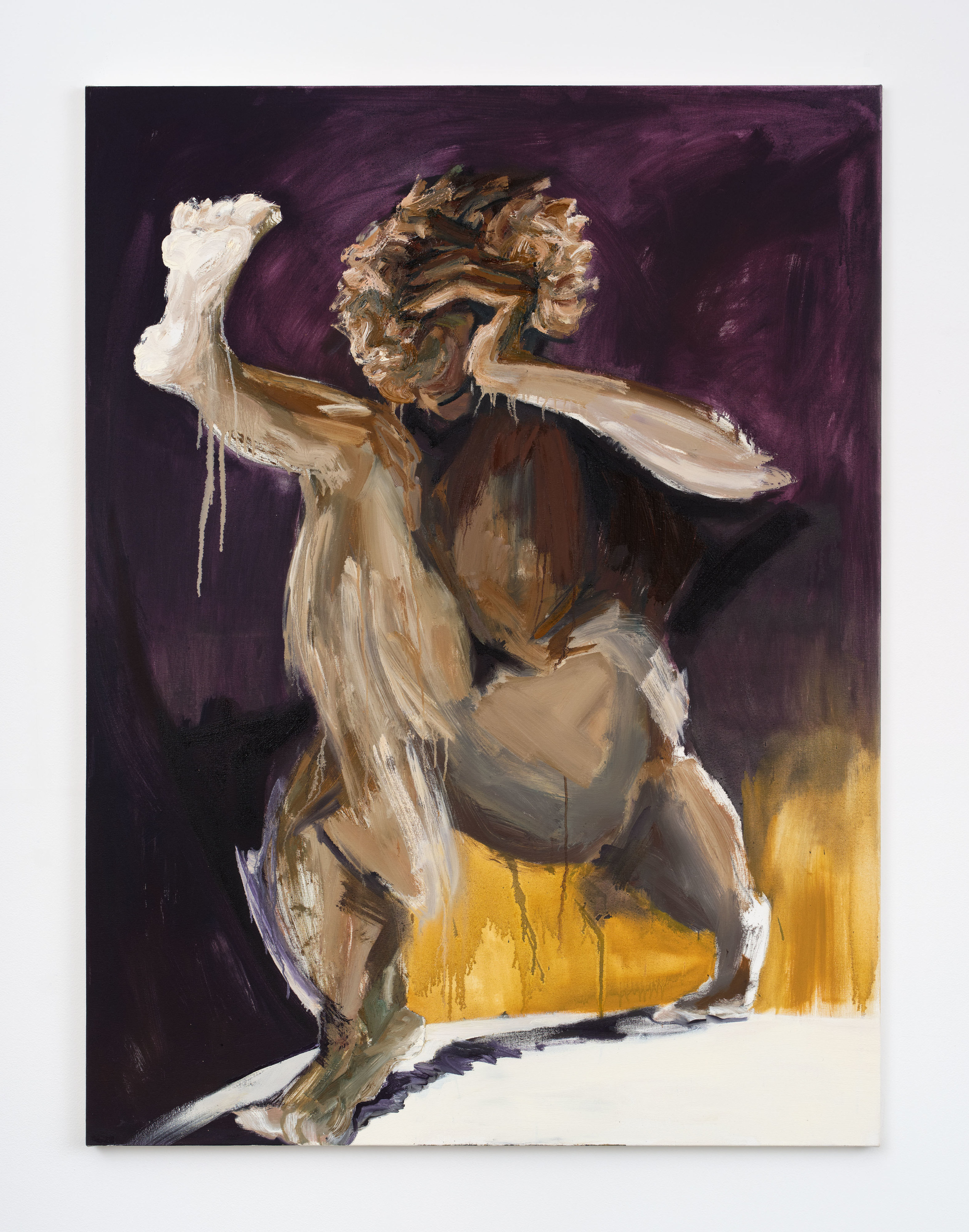 A nude figure kicking in the air against a purple and yellow background.