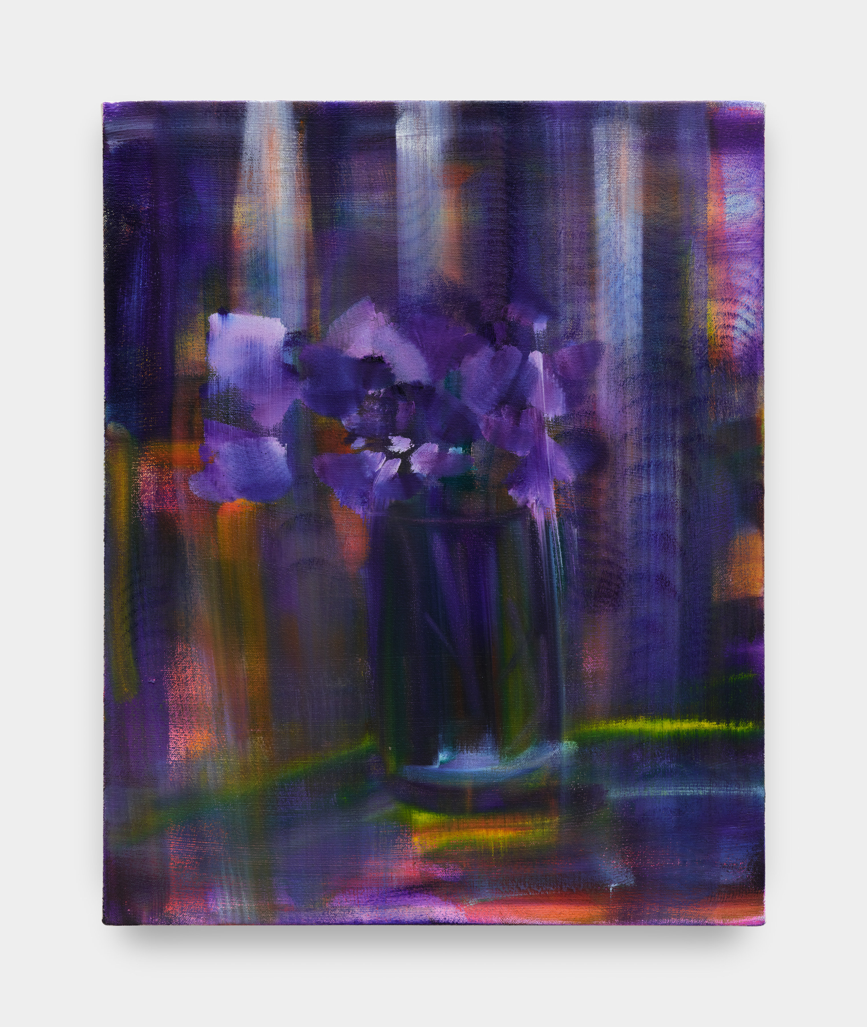 A painting of an abstracted vase with violet flowers rendered in swatches of lavender, violet, green, yellow and pink.