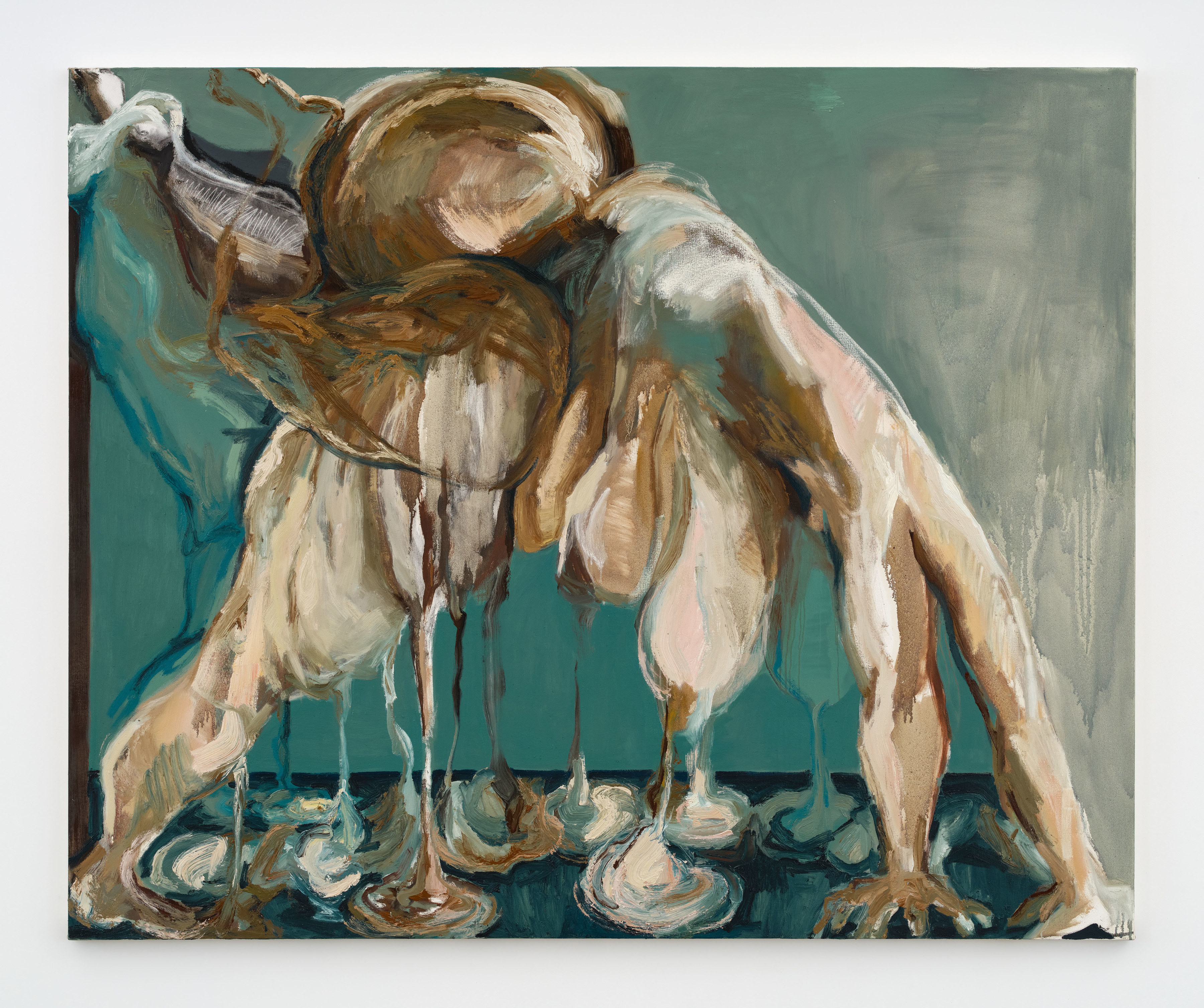 A headless nude figure in side profile in downward dog with one leg in the air, as the flesh drips down and pools at the bottom of the canvas.
