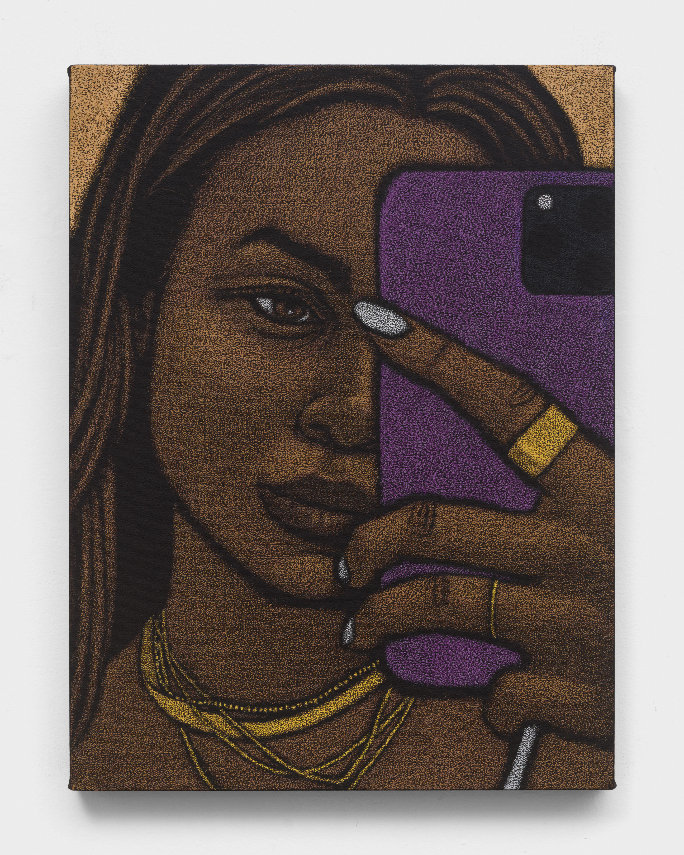 An oil pastel painting of a woman taking a selfie in the mirror with a smartphone.