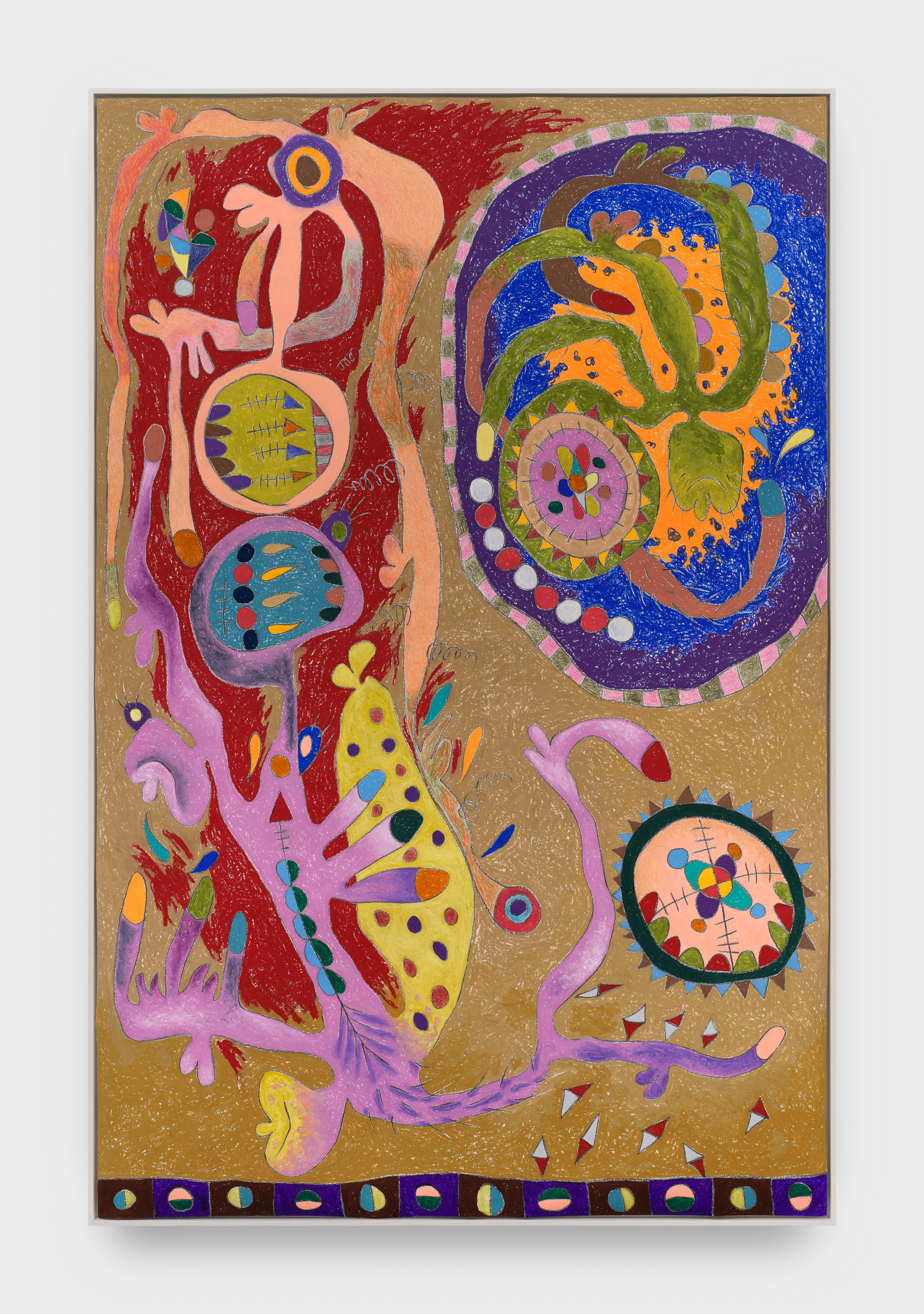 This piece consists of vibrant shades of purple, brown, peach, orange, red, green blue, and yellow. Together these pigments form large curves and circles throughout the piece creating an abstractly humanistic scene. 