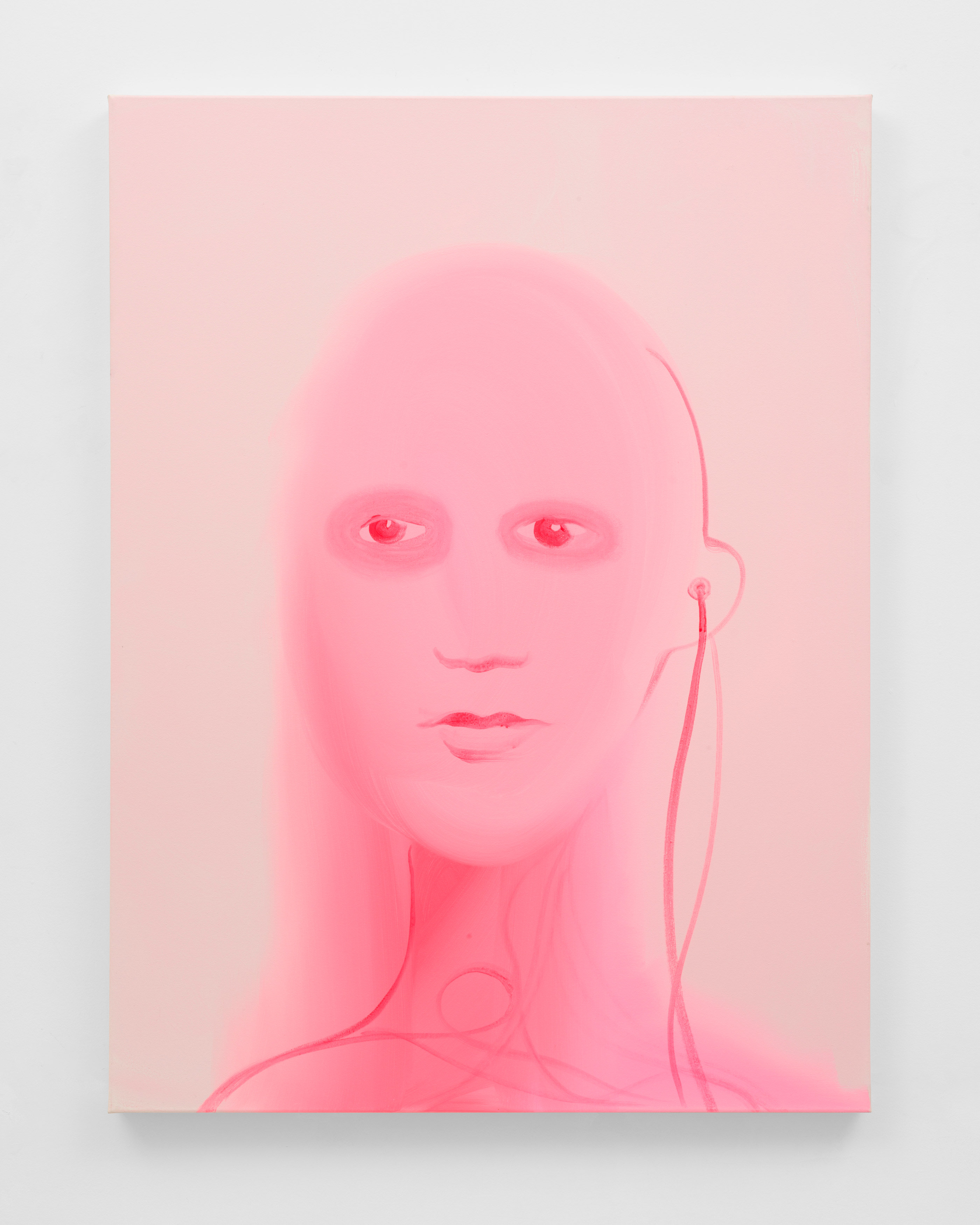 A painting by Wanda Koop of a robotic figure rendered in a glowing pink hue.