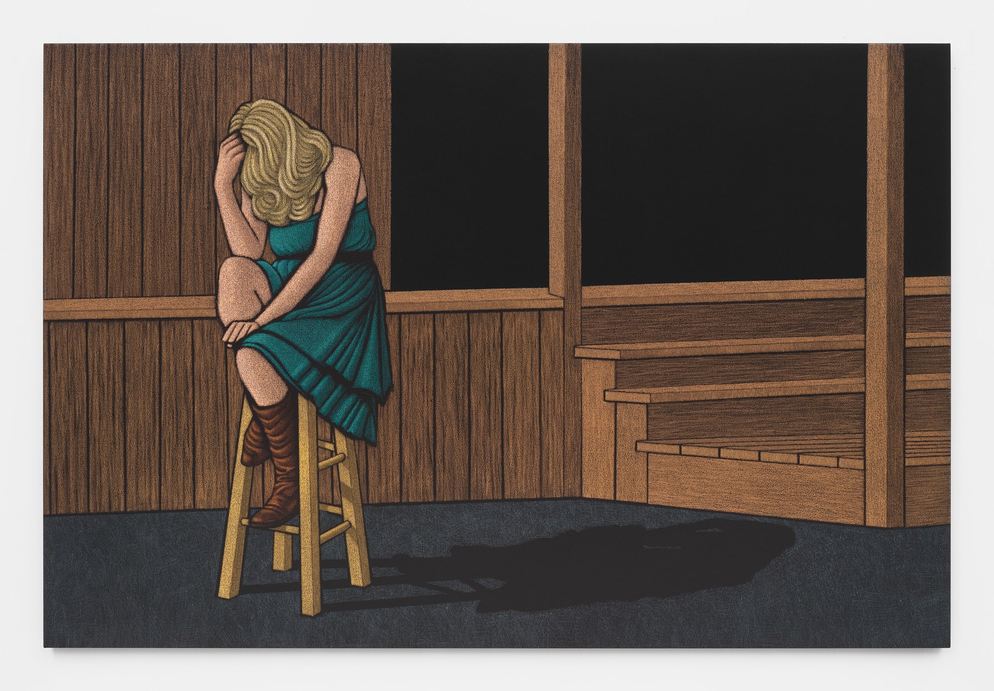 An oil pastel painting of a blonde woman seated on a wooden stool with her head in her hand and her hair covering her face in a wooden room. 