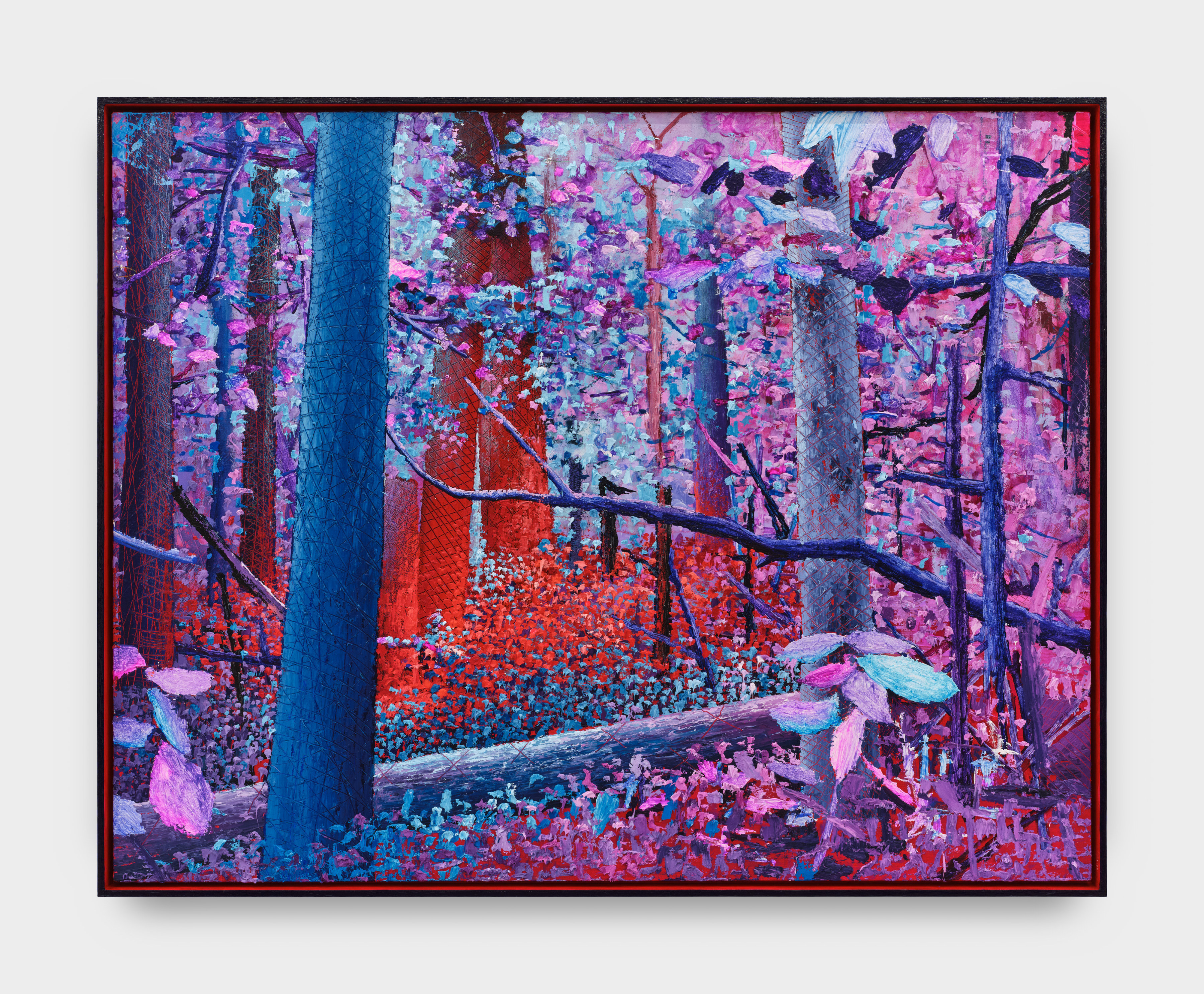 In shades of cool blue, lavender, pink, and red, this acrylic on canvas portrays a forest landscape.