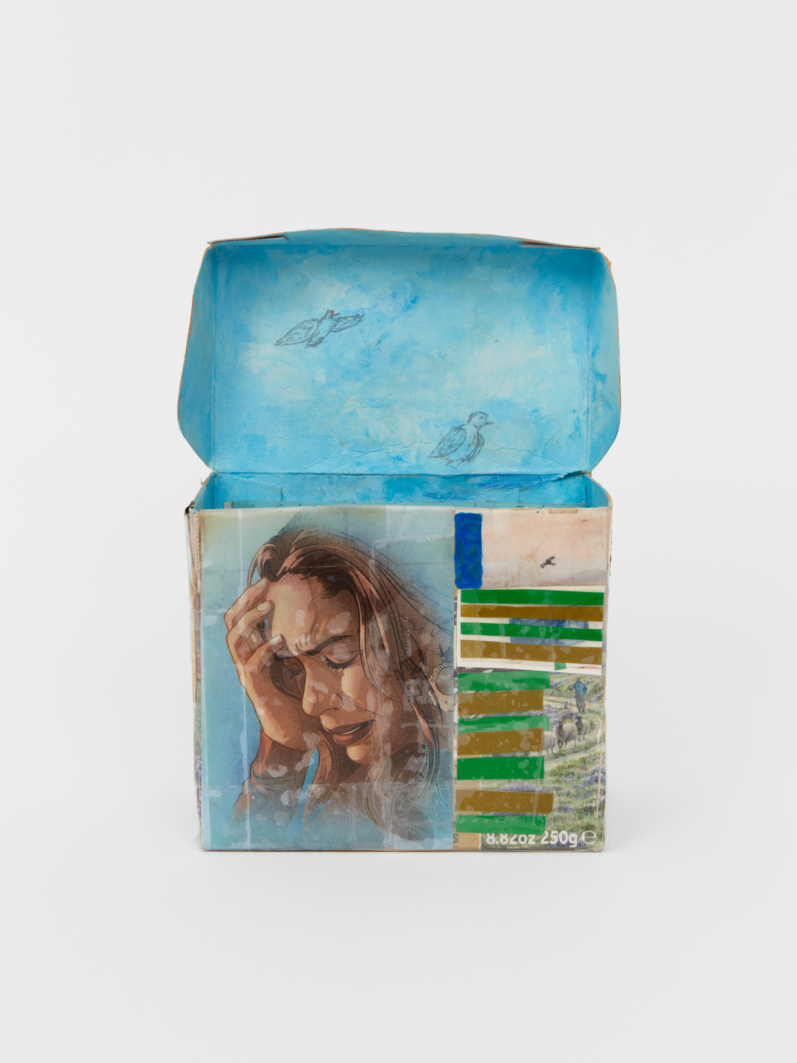 A small box sculpture with an image of a woman in distress on the outside and drawings of birds flying on the inside of the open lid of the box.