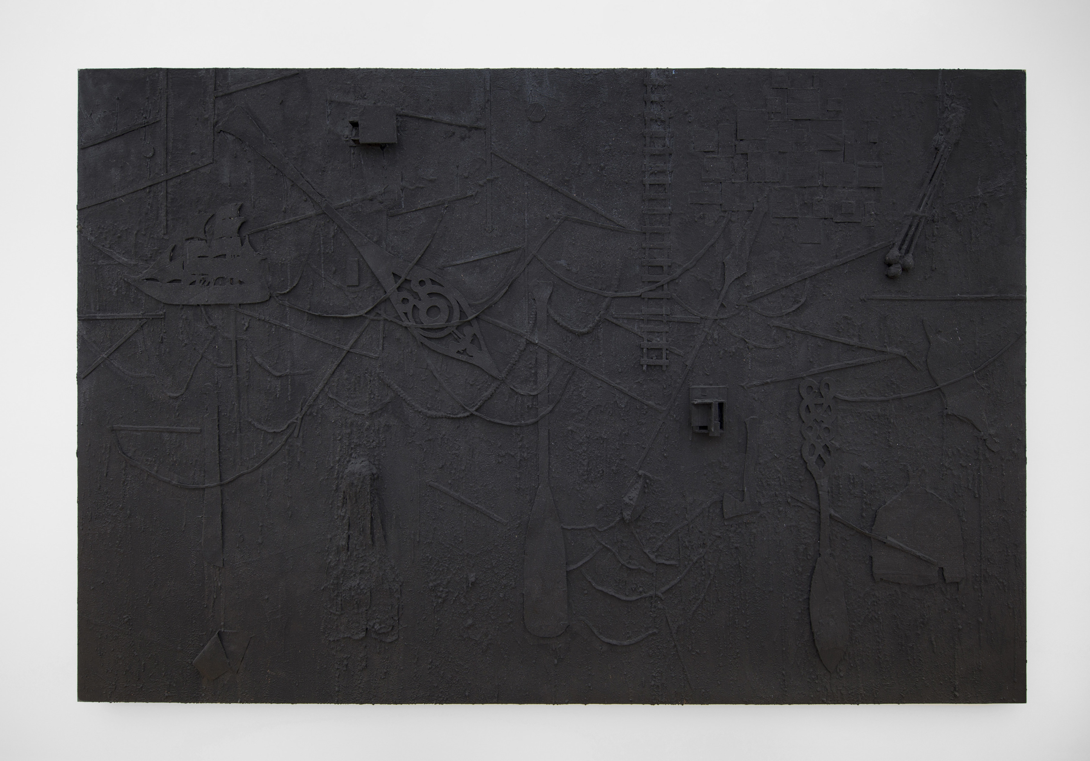 A large collaged painting with oars, boats, ladders and swooping lines of rope coated in black sand. 