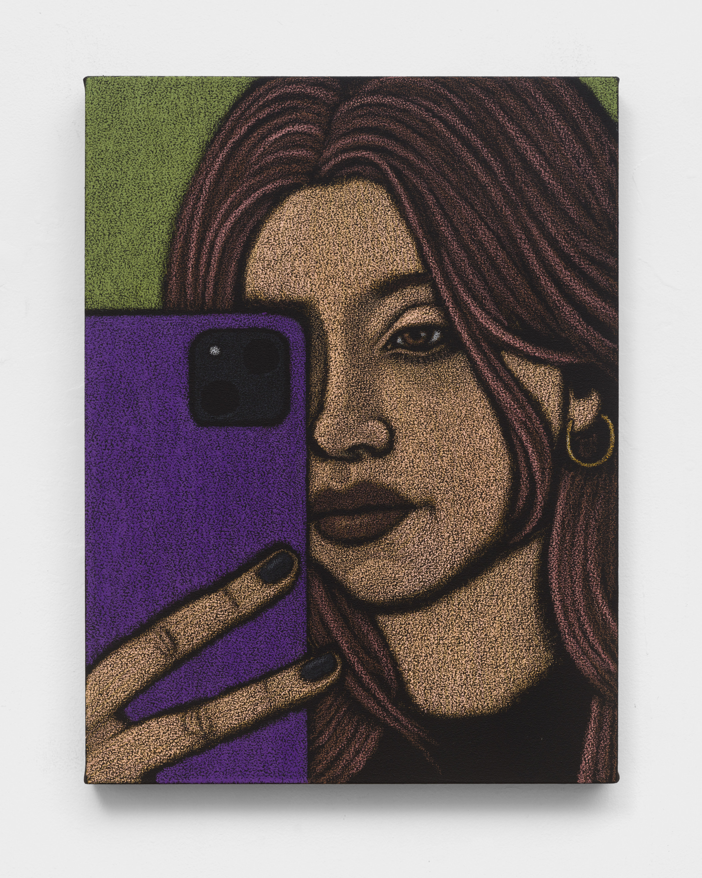 An oil pastel painting of a woman taking a selfie in the mirror with a smartphone.