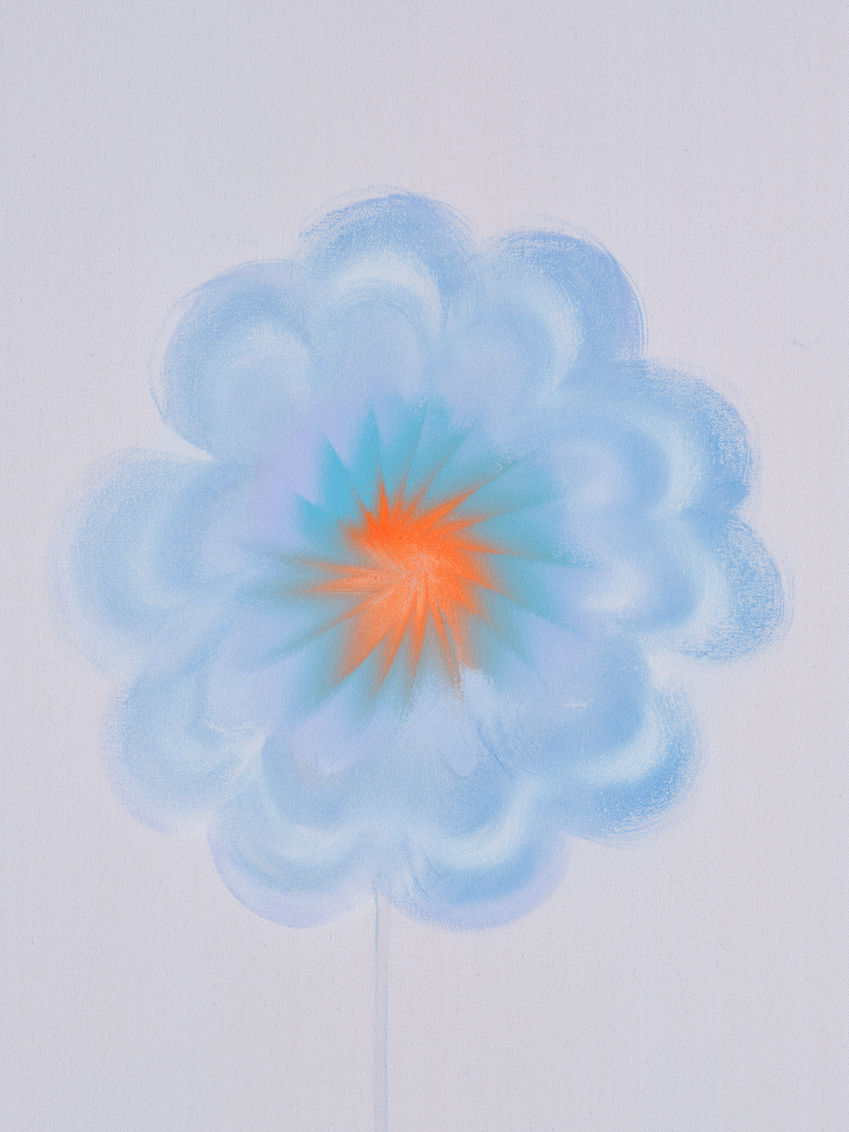 A detail of Wanda Koop’s “Sleepingwalking” with one blue flower with an orange center 