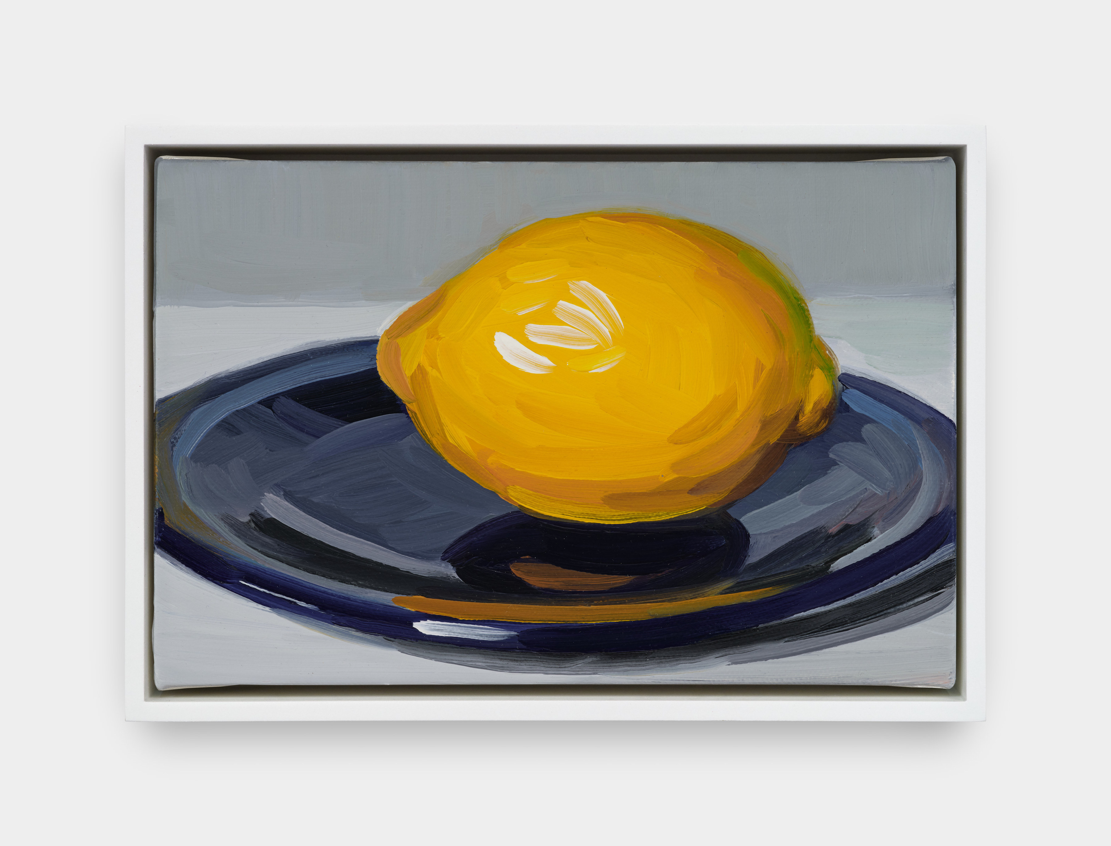 A painting that recreates Édouard Manet's "Le Citron" depicting a yellow lemon on a blue plate. 