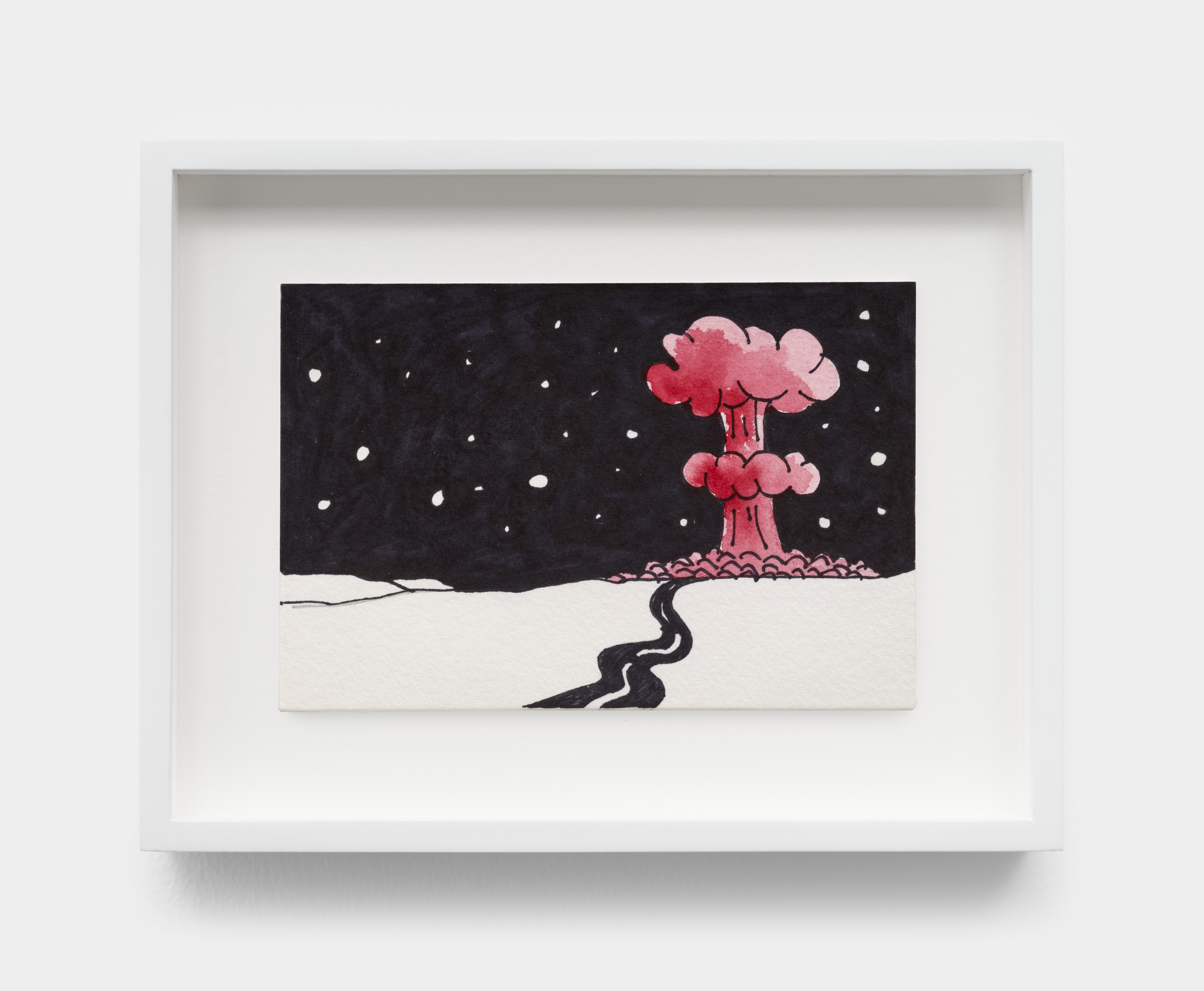 A small ink drawing of a winding road on an open plane with a red mushroom cloud erupting against a black starry sky. 