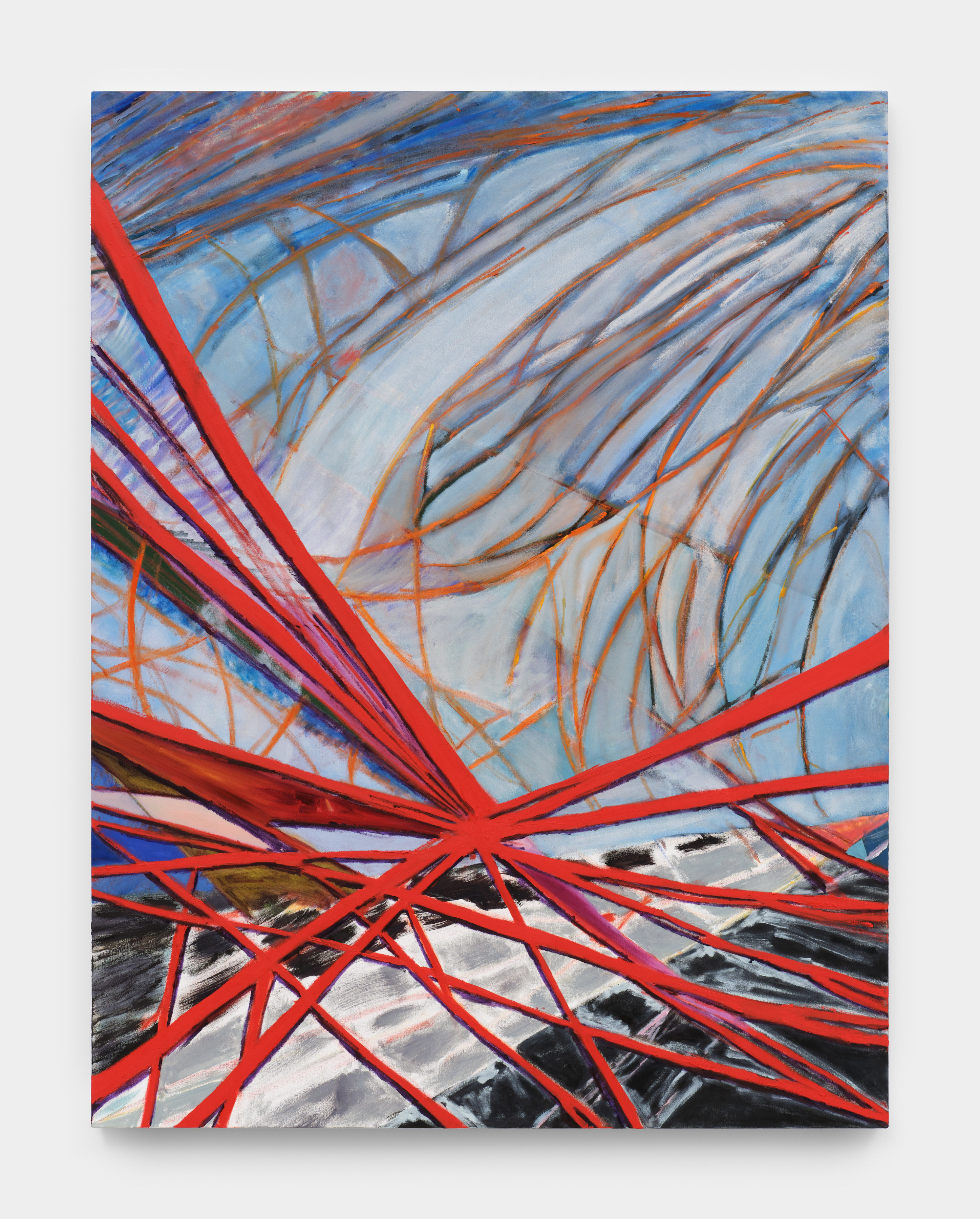 An abstract painting of arching blue lines in the background and intersecting red diagonal lines in the foreground.