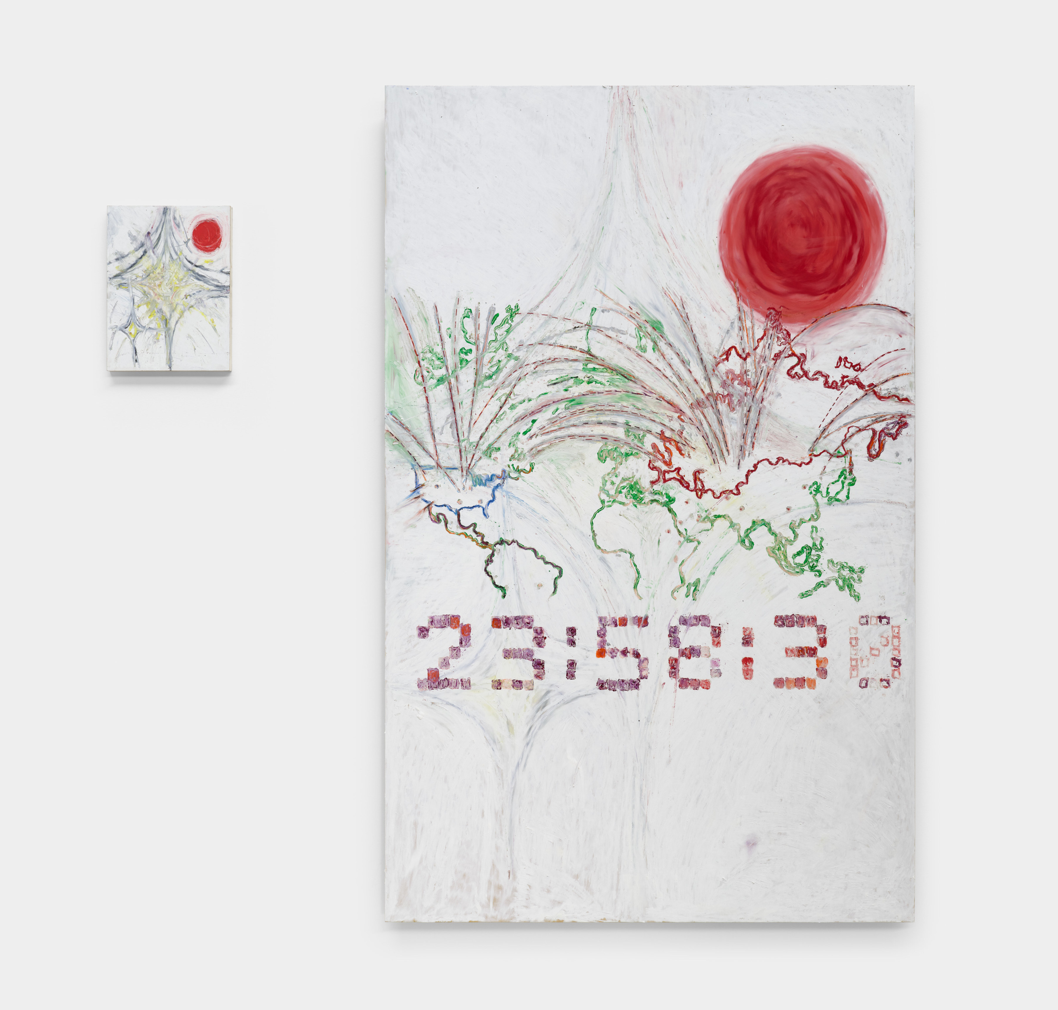 An oil stick on wood panel diptych. A small white panel on the left depicts two grey and yellow star like shapes beneath a red sun. A much larger white panel on the right depicts a map of the world with flight paths crossing between continents beneath a red sun and  large digital font clock reads "23:58:30" 