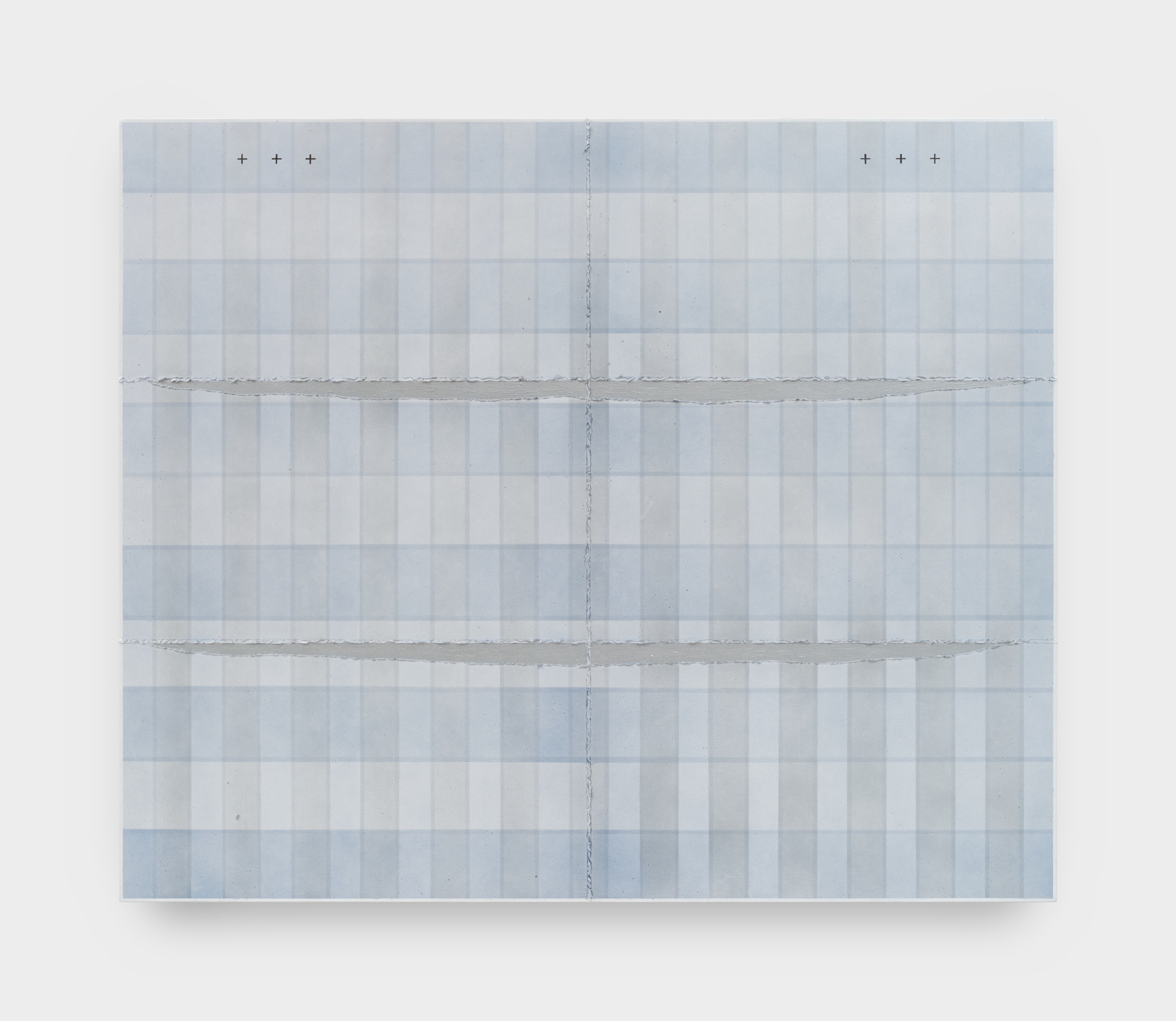 A painting of plaid in shades of blue and gray with two horizontal gray slashes at the center. Two groups of three small black plus sign designs sit at the top of the paining.