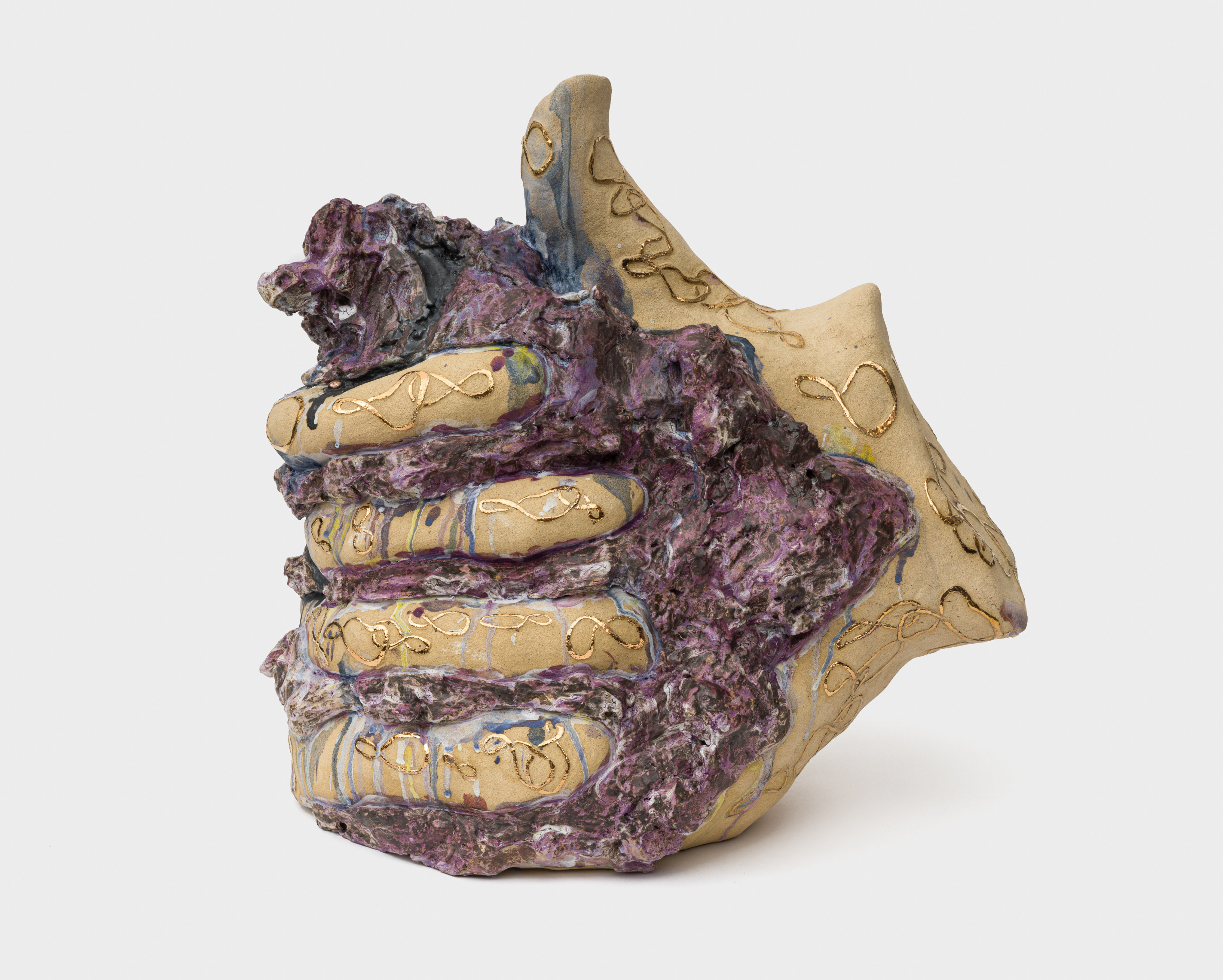 A ceramic sculpture of a hand covered in golden infinity symbols holding an amorphous purple mound.