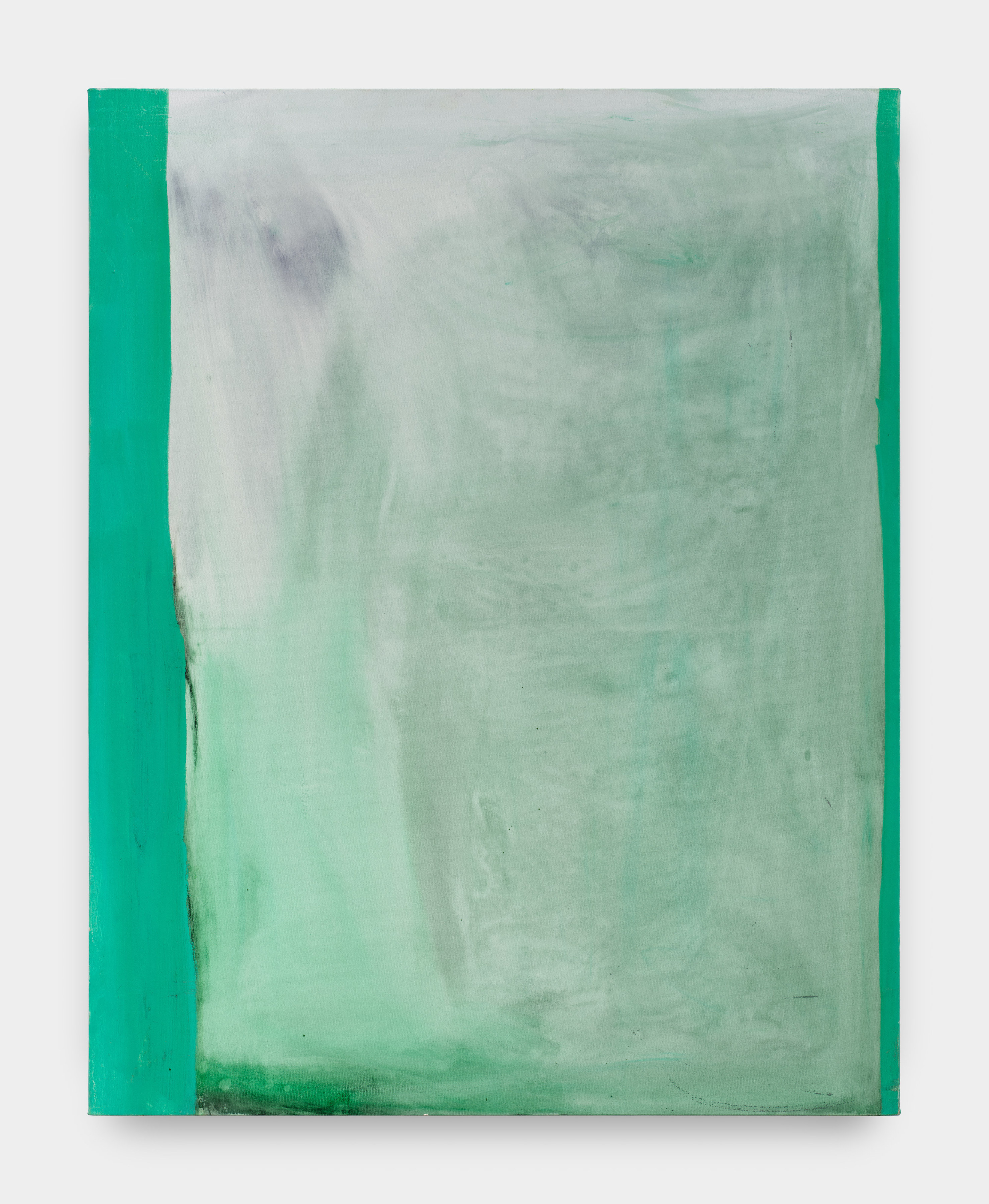 An abstract painting in light aqua hues with swatches of turquoise pigement along the sides. 