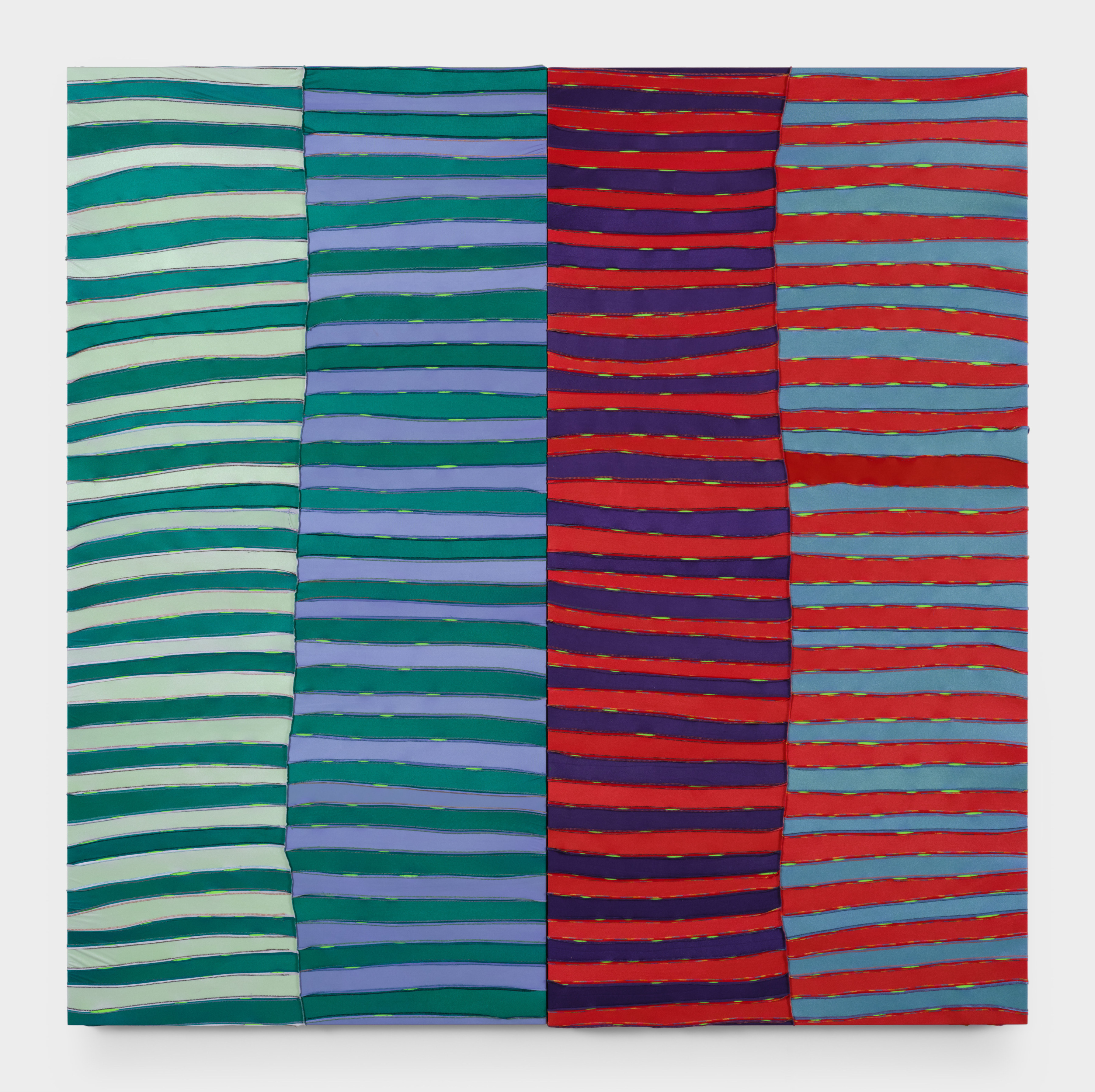 Image of Anthony Olubunmi Akinbola's work titled "Shame". Stretched and sewn rectangular sections of durags in greens, blues and reds. 96 x 96 in (243.8 x 243.8 cm), durags on aluminum and wood frame, 2023