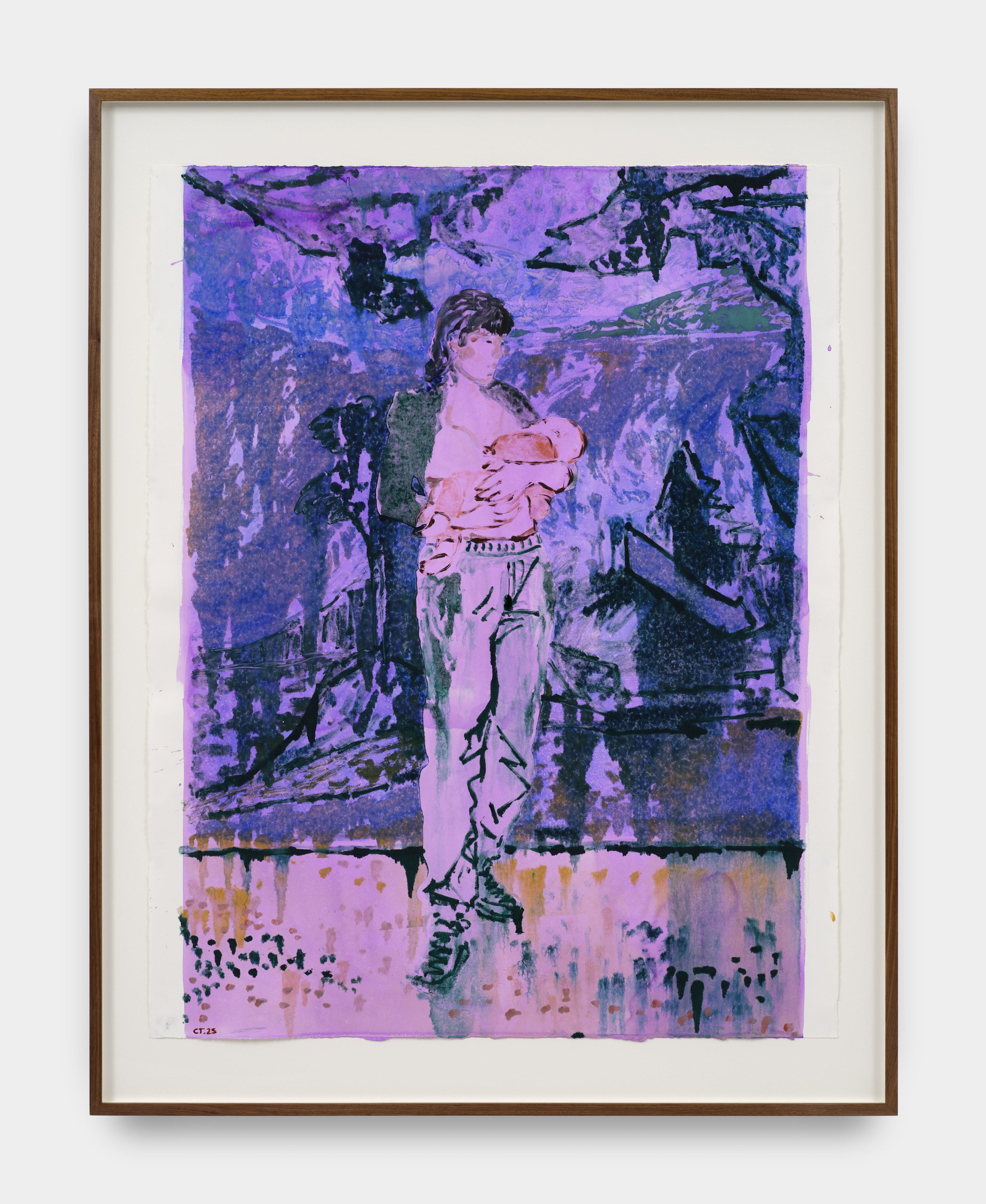 A monoprint in purple hues of the artist holding her newborn baby.