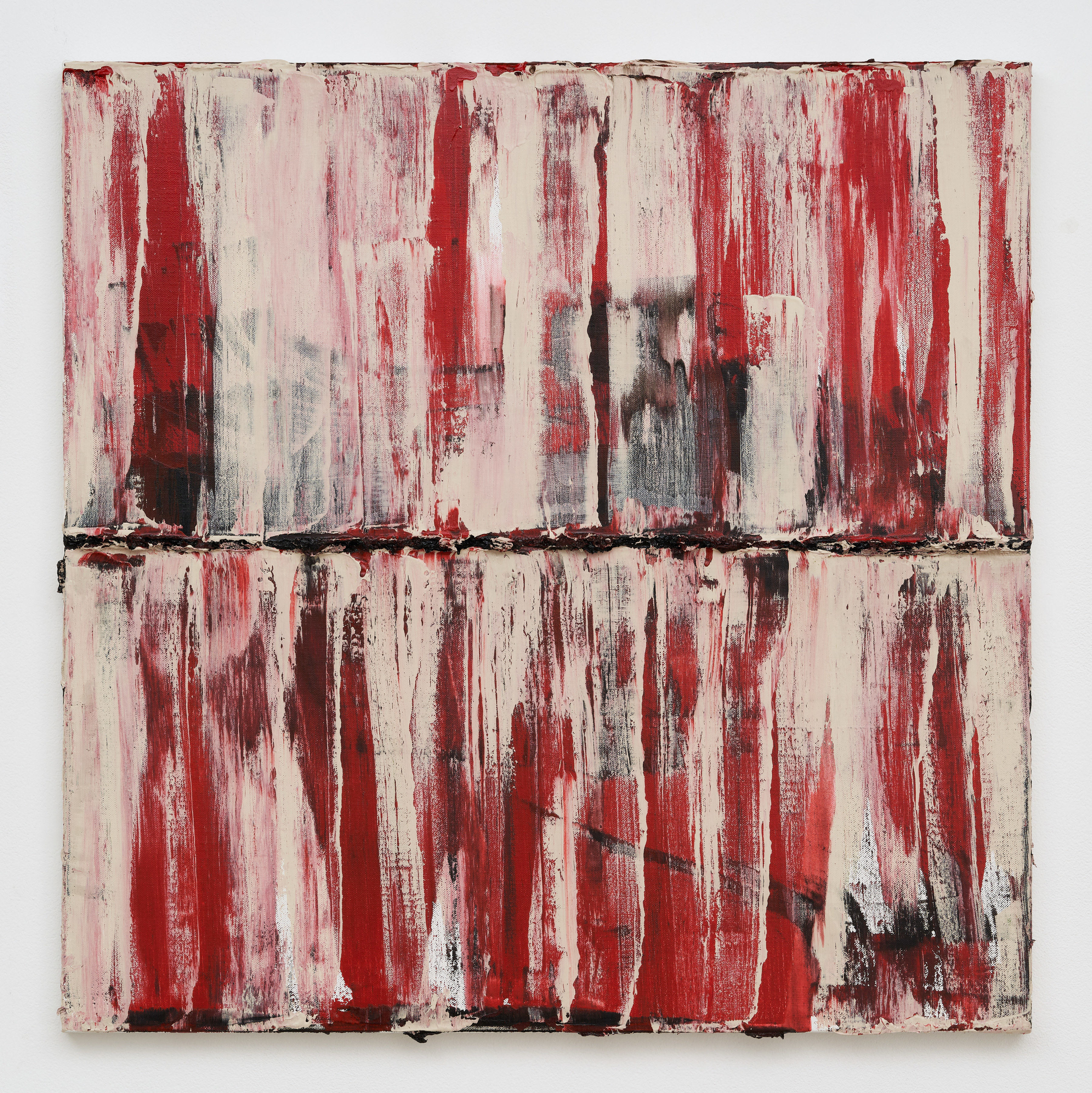 A square textured painting with red undertones and light cream swatches layered overtap making a loose grid shape with a raised line of pigment across the center. 